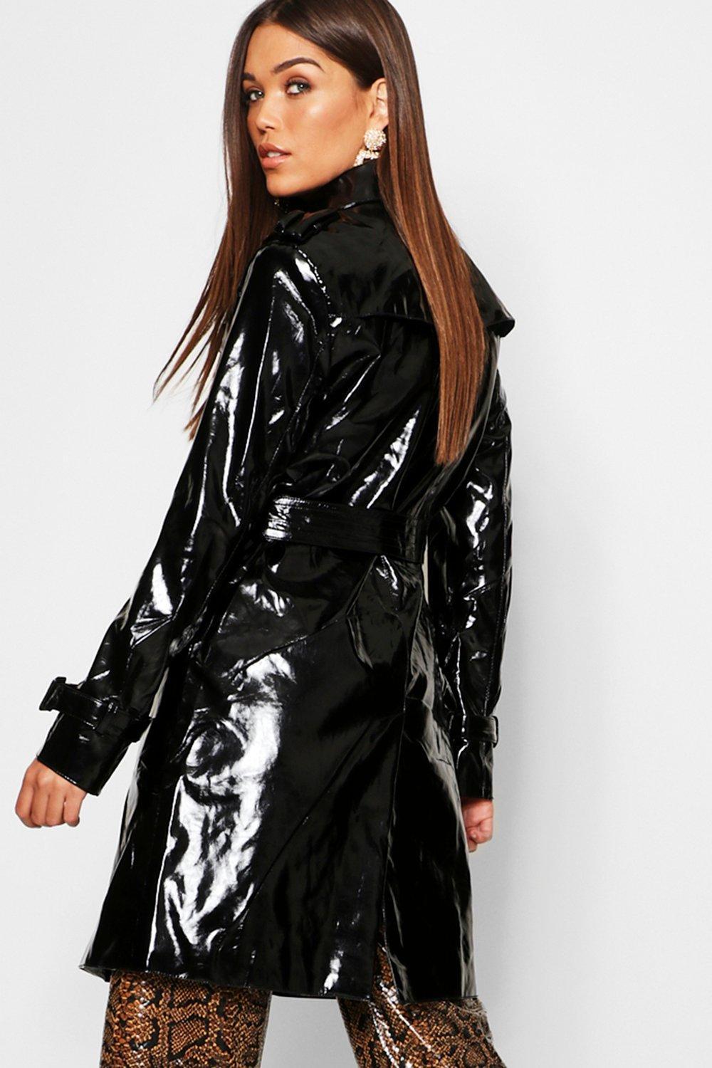 Boohoo Pvc Belted Trench Coat in Black | Lyst