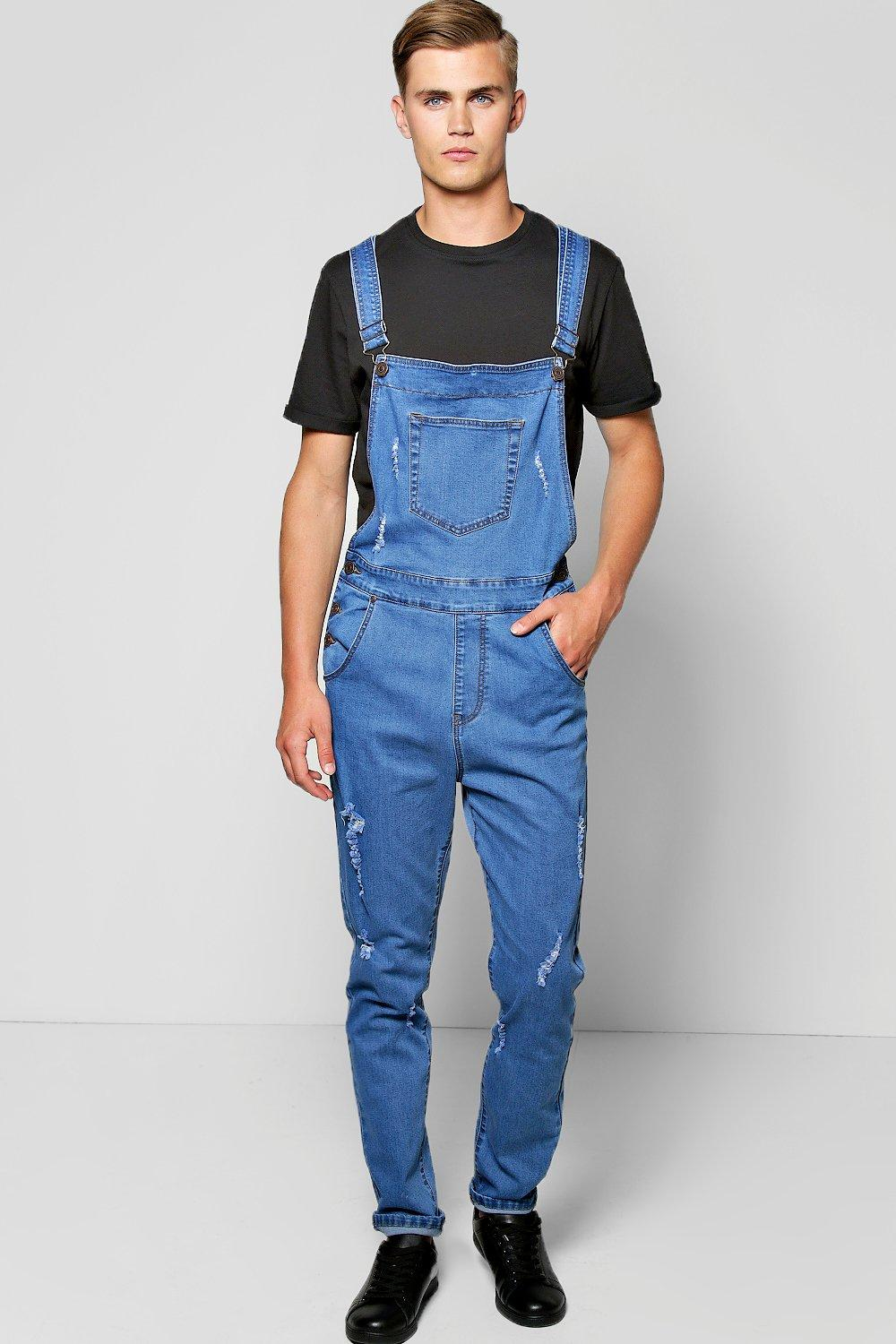 Boohoo Slim Fit Denim Dungarees With Rips in Blue for Men ...