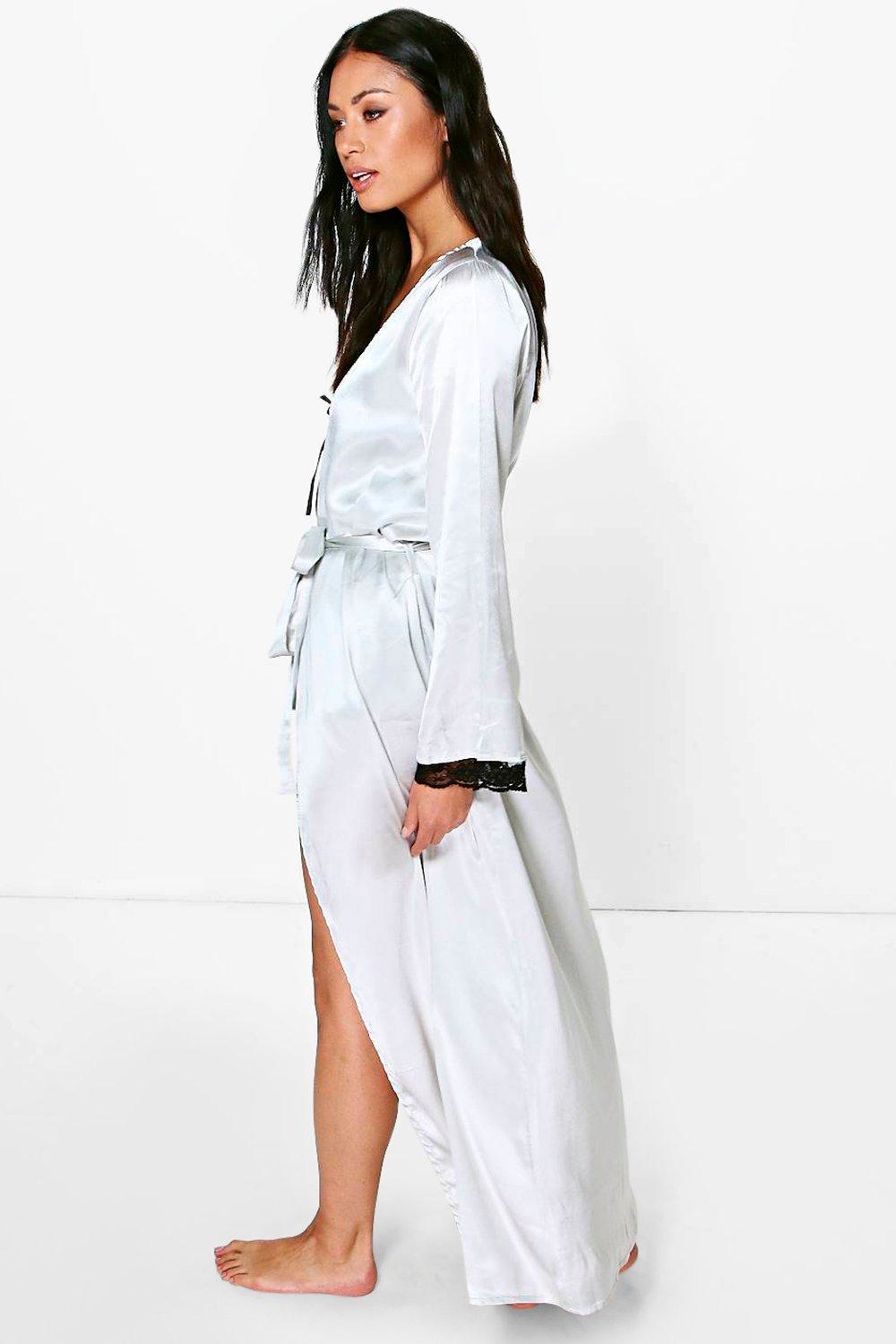 Boohoo Ellie Lace Sleeve Satin Maxi Kimono Robe in Grey ...