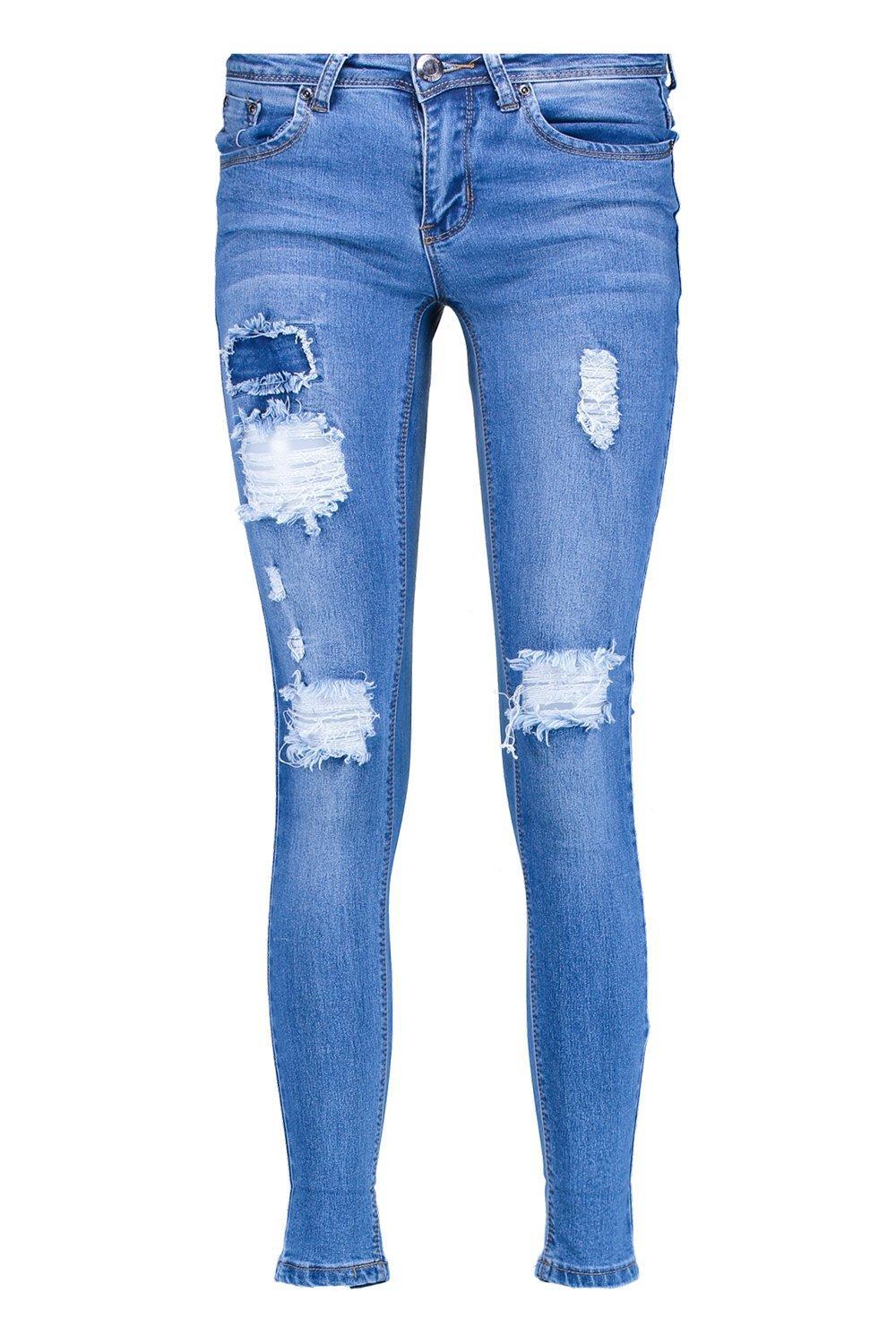 Boohoo Denim Petite Matilda Mid Rise Light Ripped Skinny Jeans in Blue ...