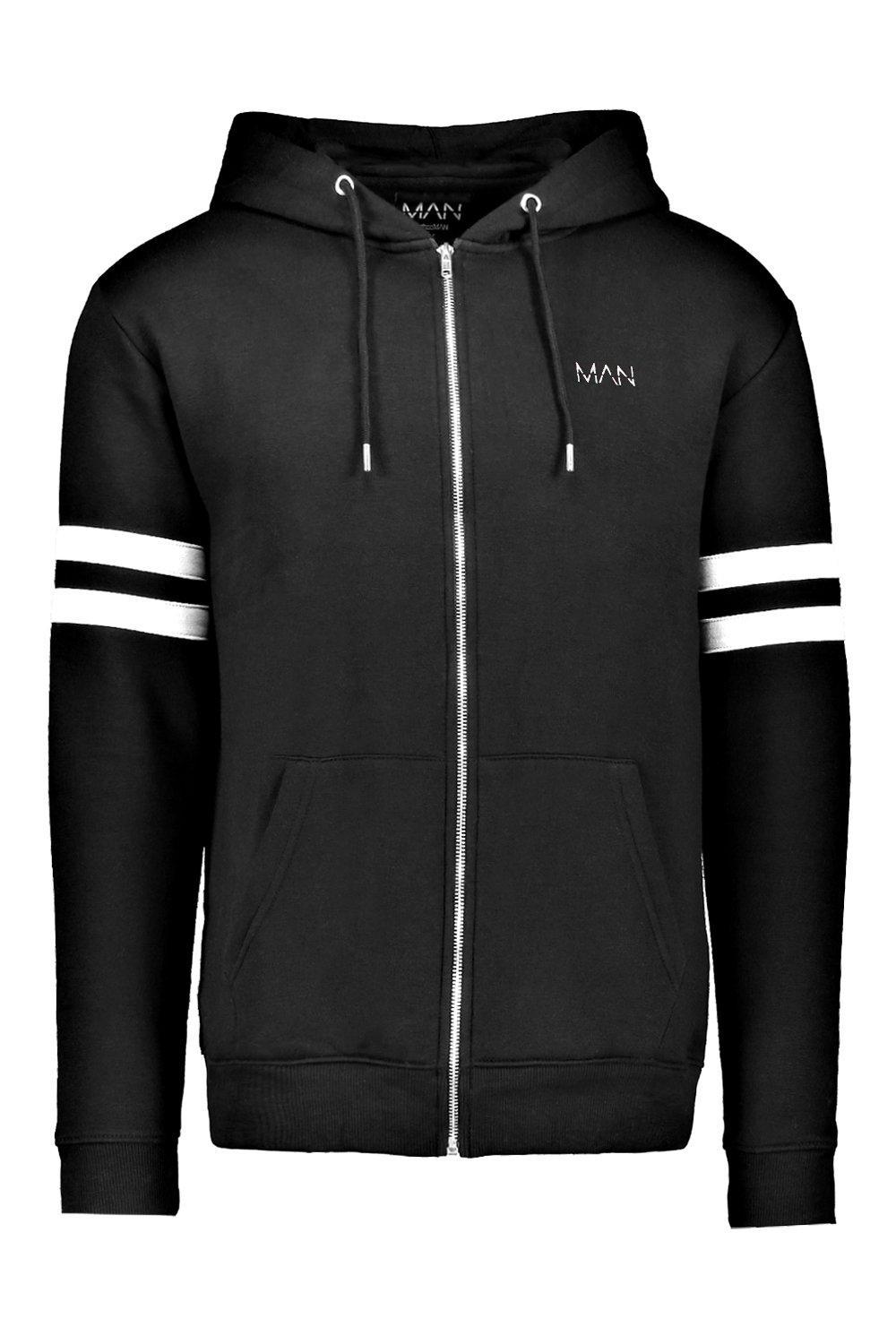 Boohoo Original Man Logo Contrast Panel Zip Through Hoodie in Black for