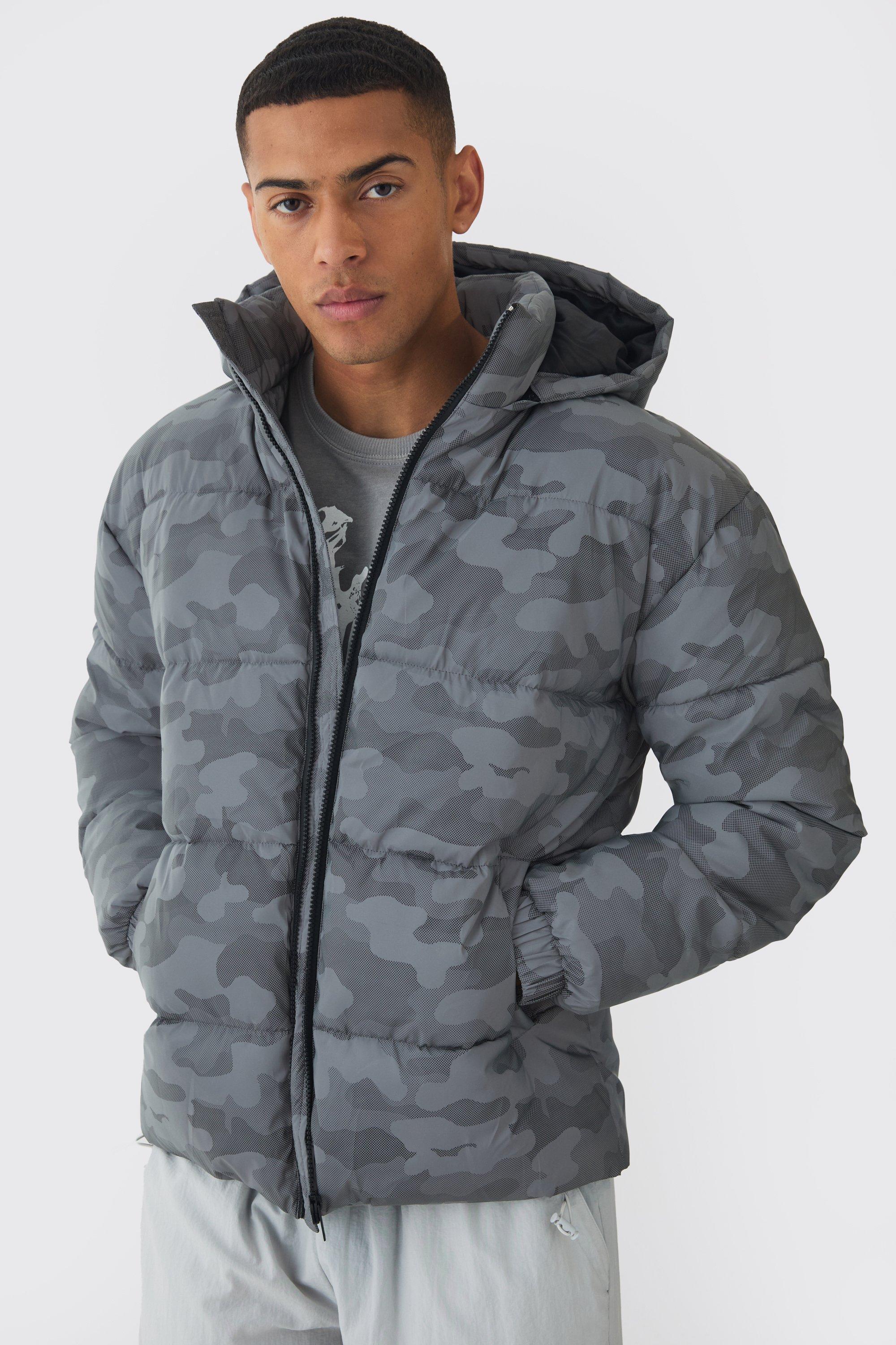 BoohooMAN Reflective Camo Hooded Puffer Coat in Gray for Men Lyst