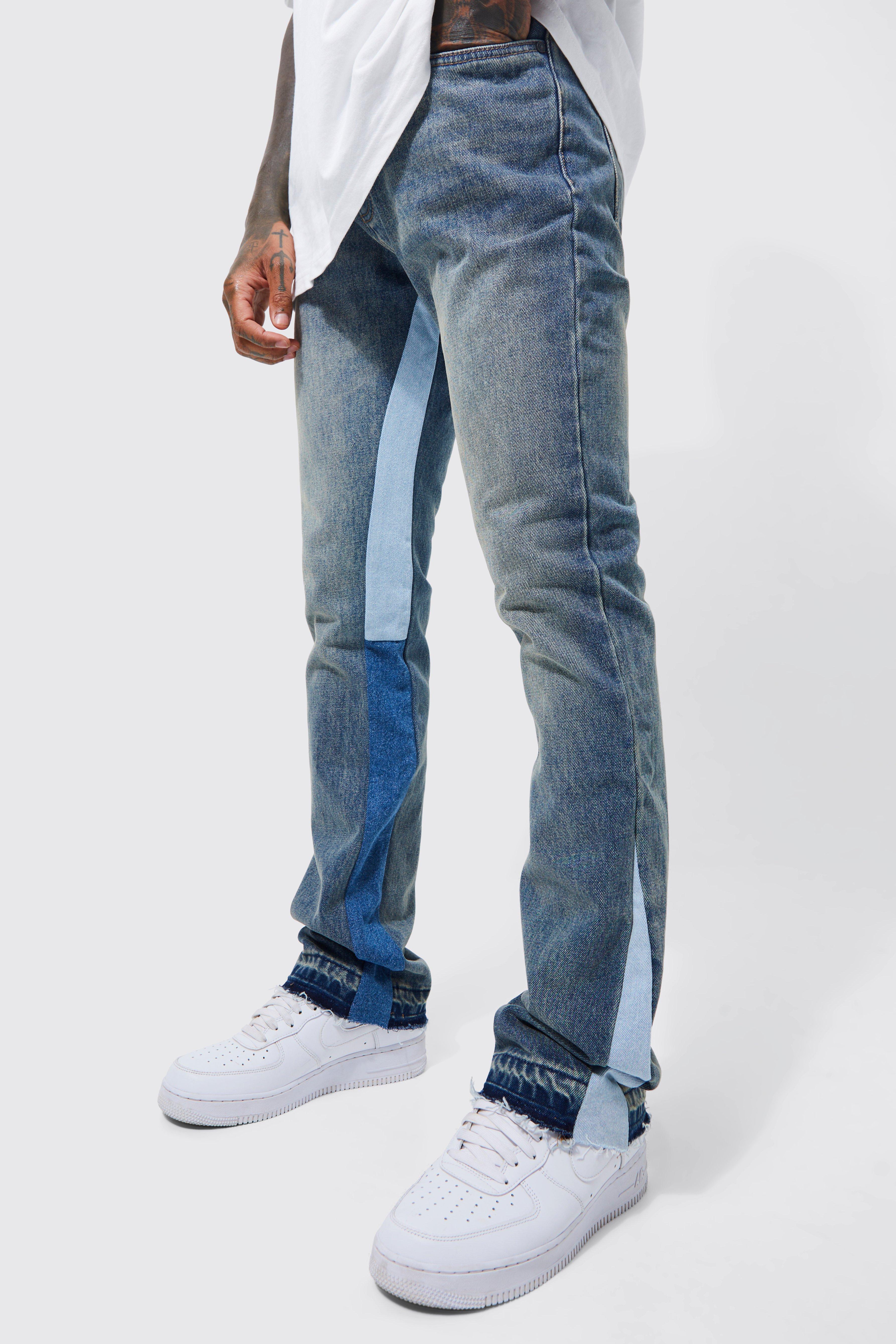 BoohooMAN Slim Rigid Flare Panelled Tinted Jeans in Blue for Men Lyst