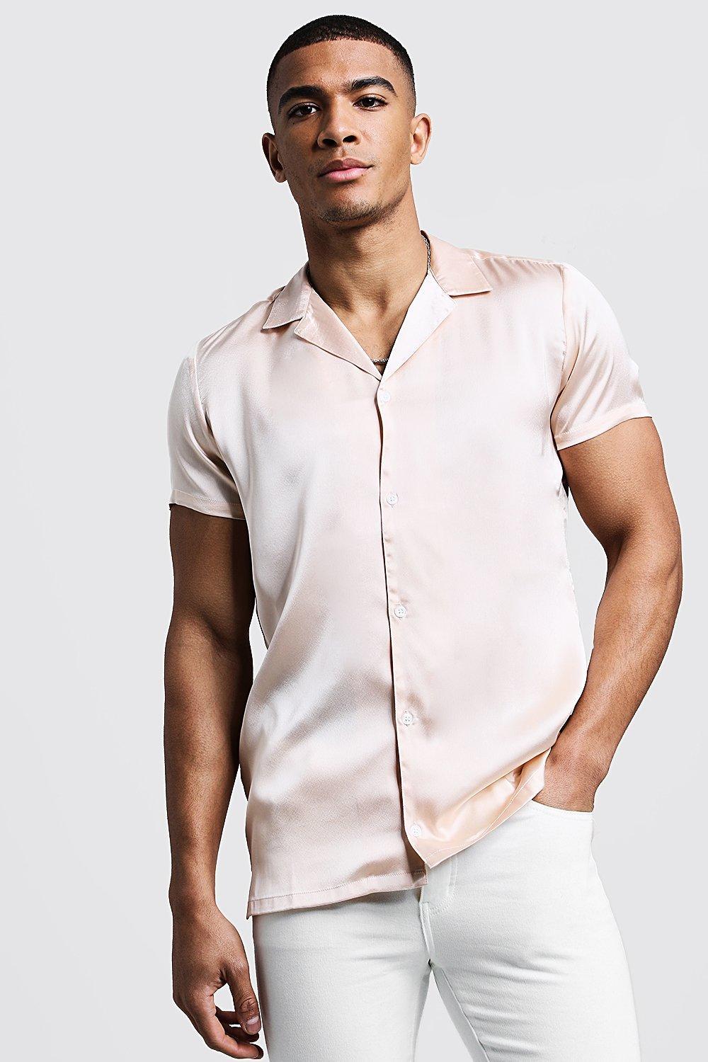 BoohooMAN Short Sleeve Revere Satin Shirt in Pink for Men | Lyst UK
