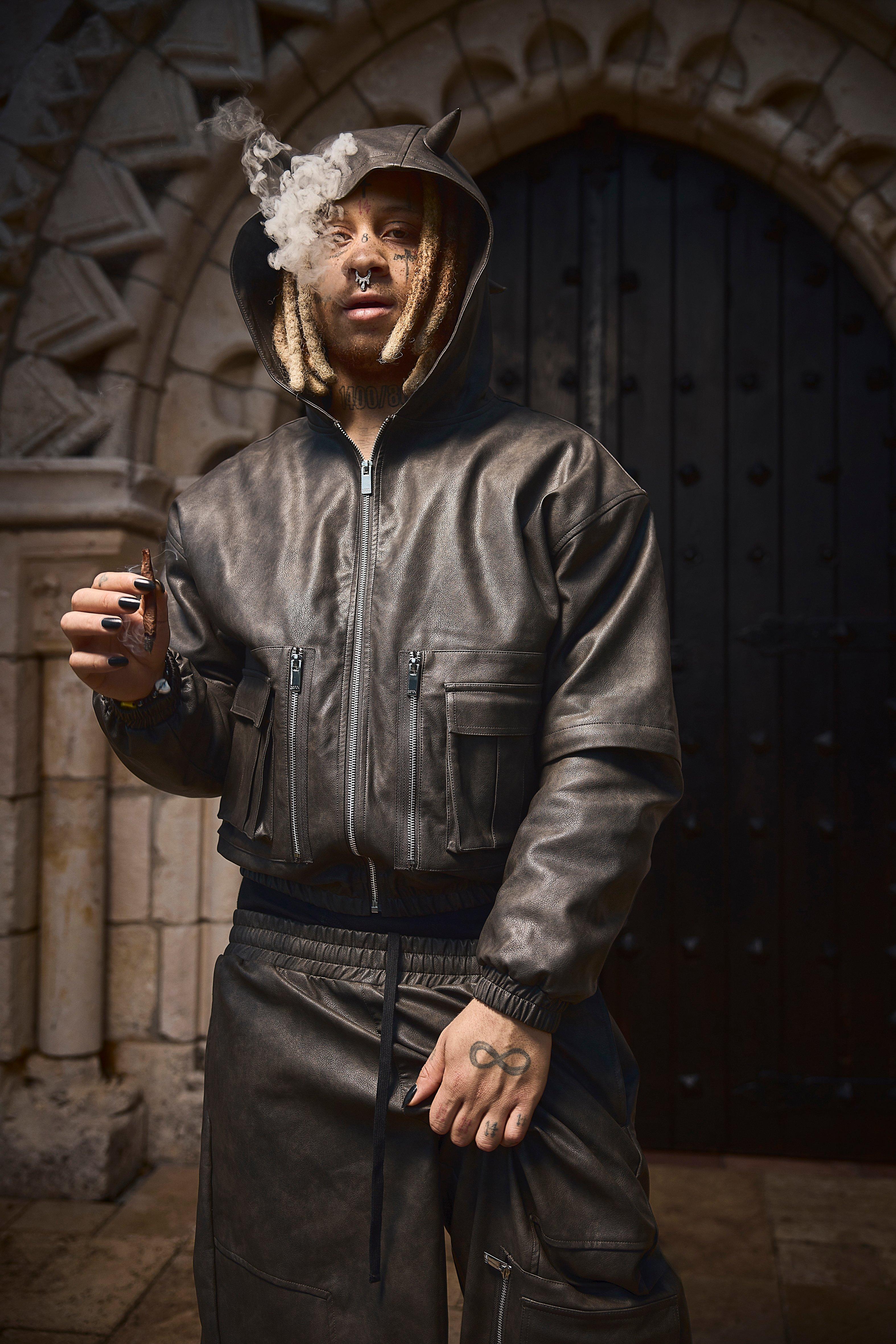 BoohooMAN Trippie Redd Oversized Boxy Pu Horn Detail Bomber