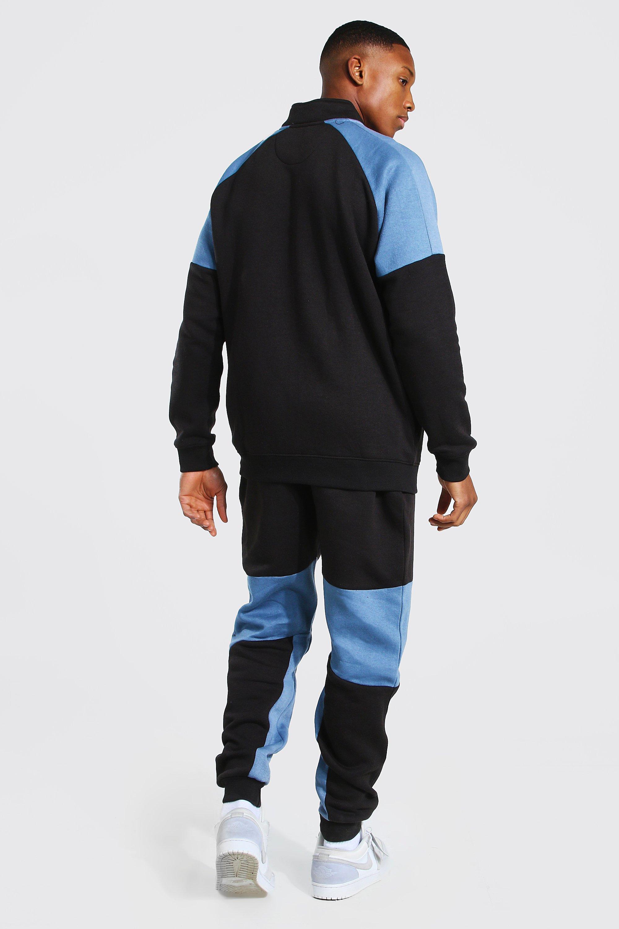 BoohooMAN Cotton Colour Block Funnel Neck Tracksuit in Black for Men Lyst