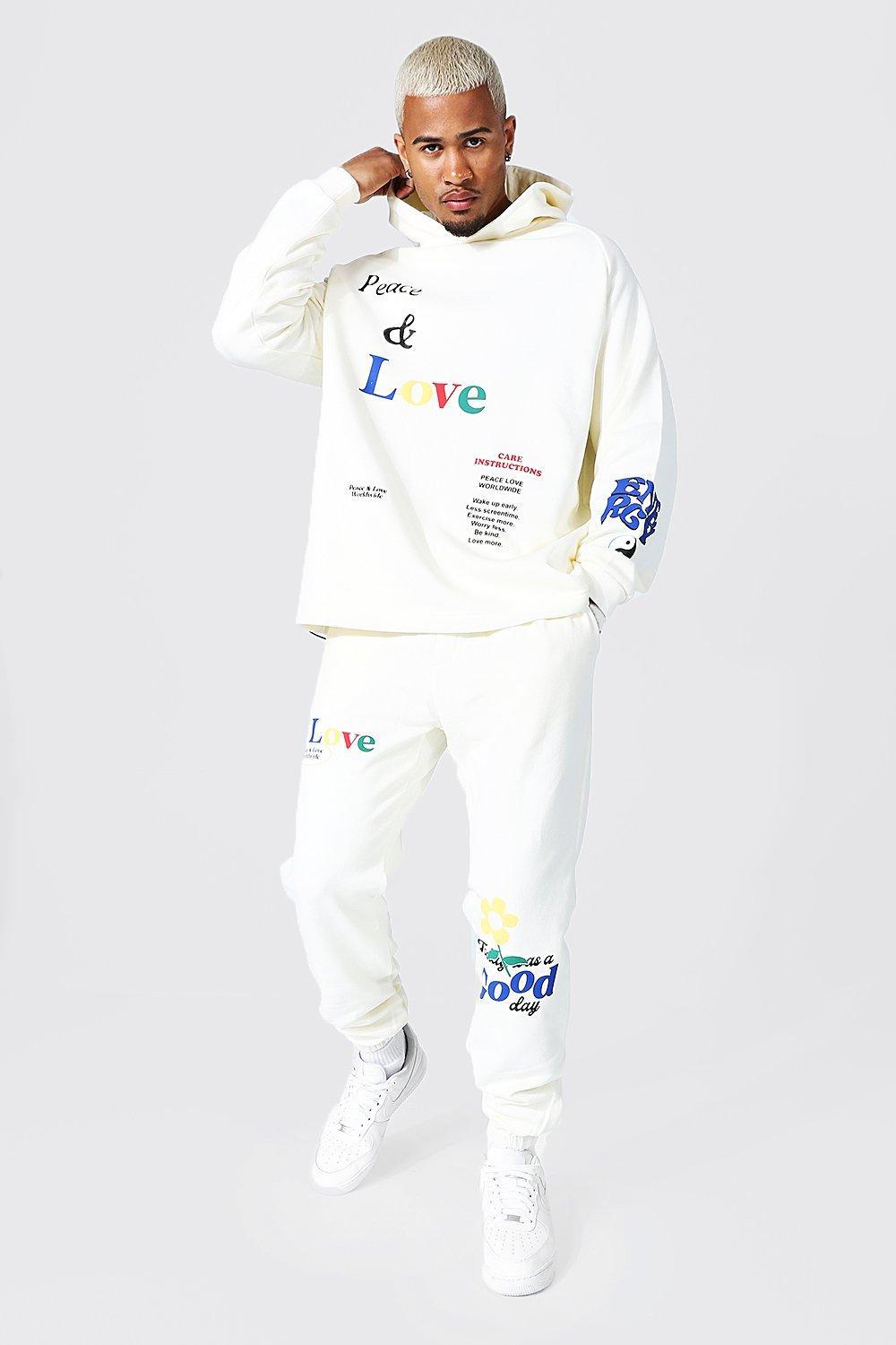 BoohooMAN Cotton Oversized Peace And Love Hoodie Tracksuit in White for Men  | Lyst
