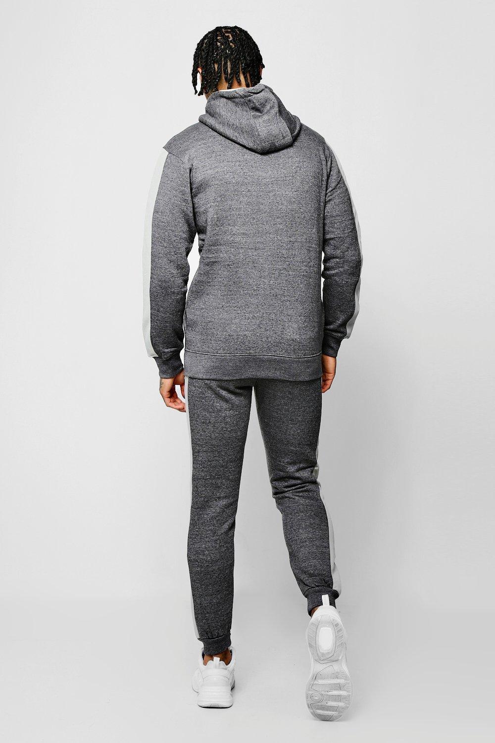 BoohooMAN Cotton Zip Hooded Tracksuit With Contrast Panels in Slate
