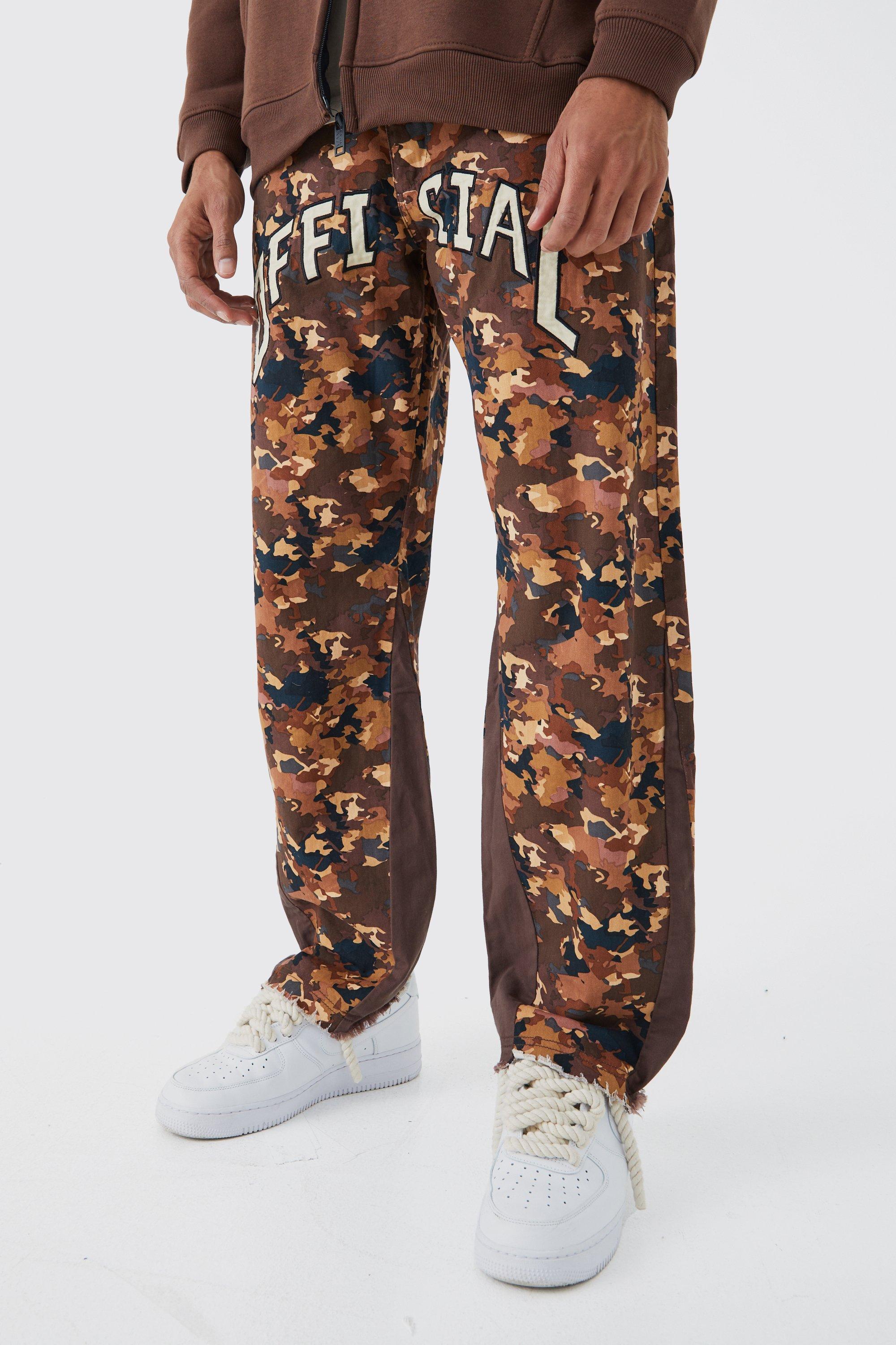 Boohoo Camo Gusset Detail Official Applique Flared Pants in Brown