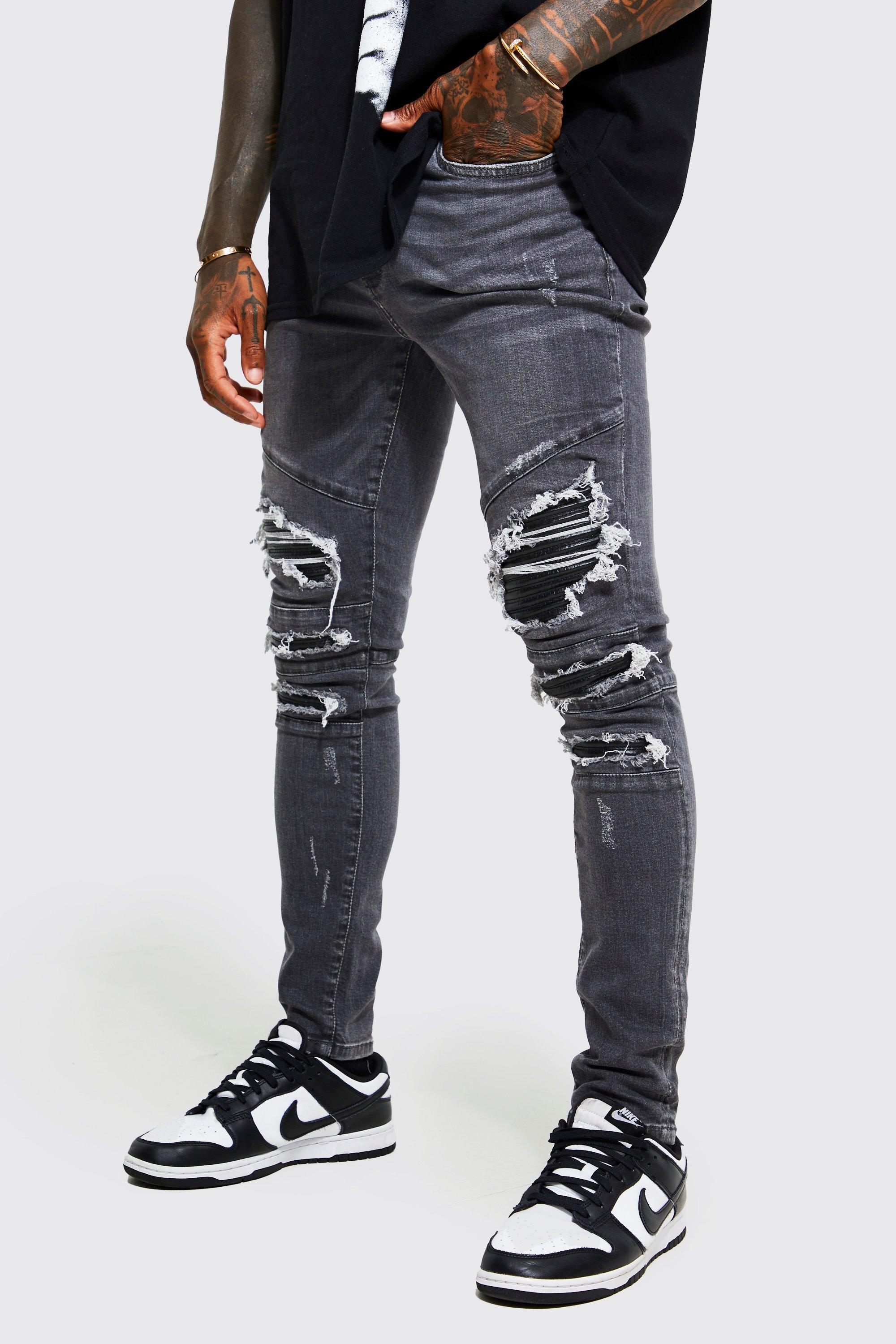 BoohooMAN Super Skinny Multi Rip & Repair Biker Jeans in Black for Men |  Lyst