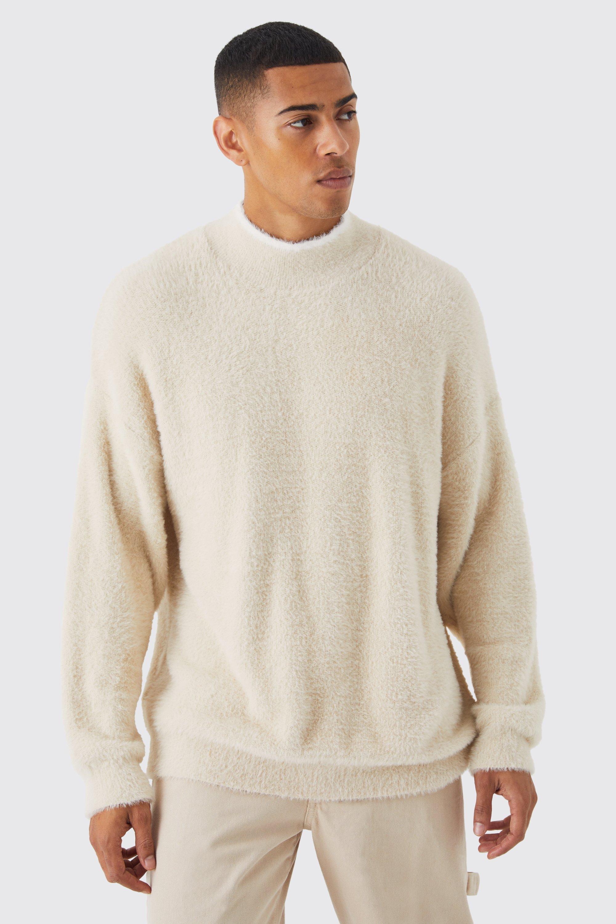 BoohooMAN Oversized Fluffy Funnel Neck Jumper With Tipping in Natural for  Men | Lyst UK