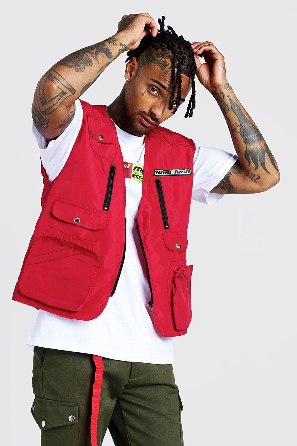 BoohooMAN Man Utility Vest With Rubber Branding in Red for Men | Lyst