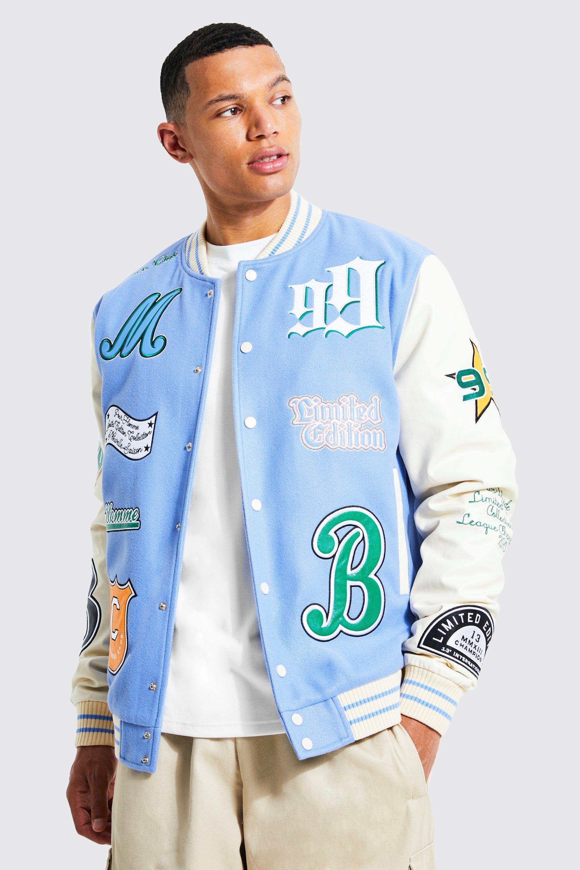 Boohoo Tall Pour Homme Worldwide Varsity Jacket in Blue | Lyst