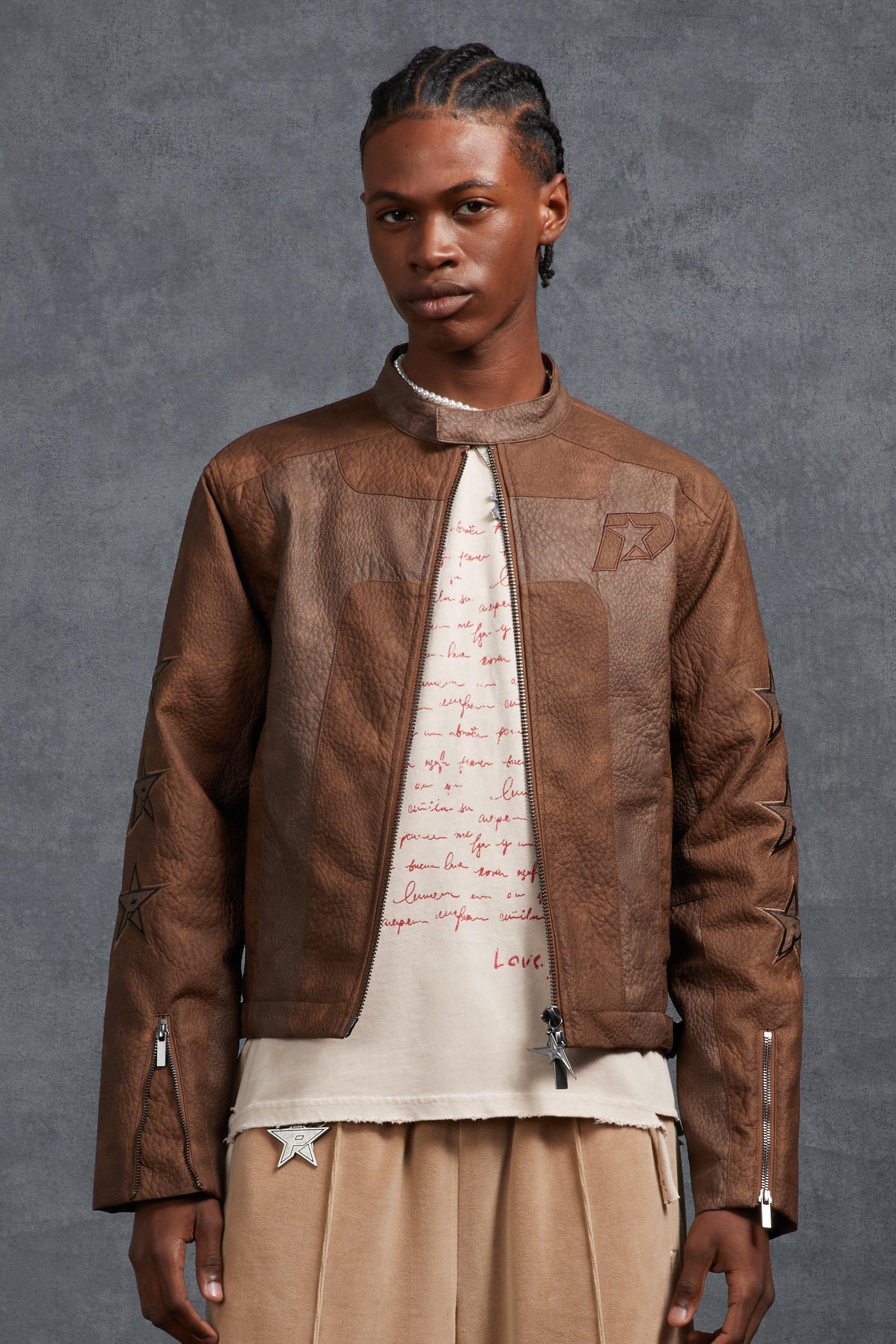 BoohooMAN Boxy Fit Applique Panelled Pu Moto Jacket in Brown for Men Lyst UK
