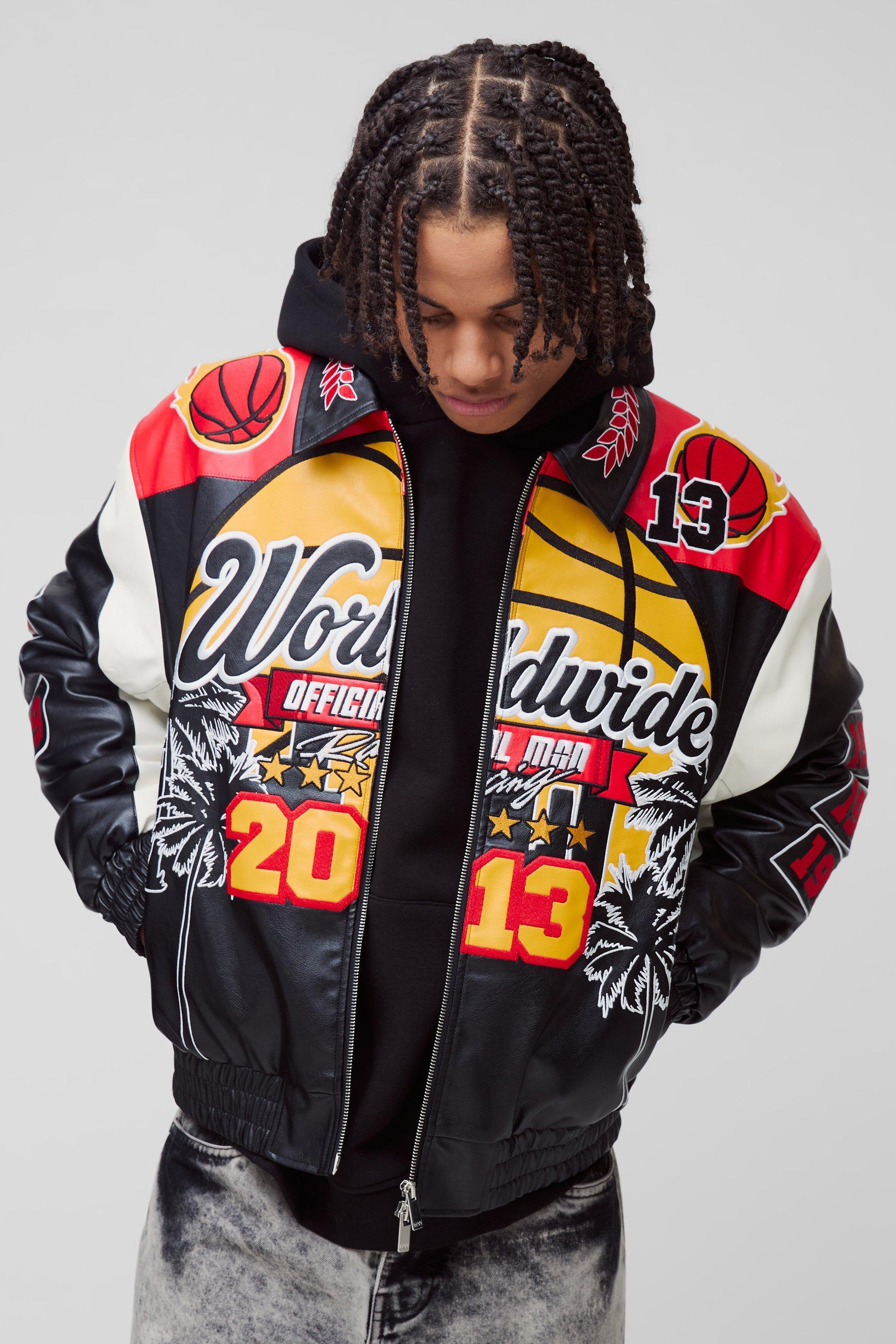 oamc ボンバージャケット varsity jacket Shop Smoke Rise Pu Studded Patch Varsity Jacket OH24798SNZ