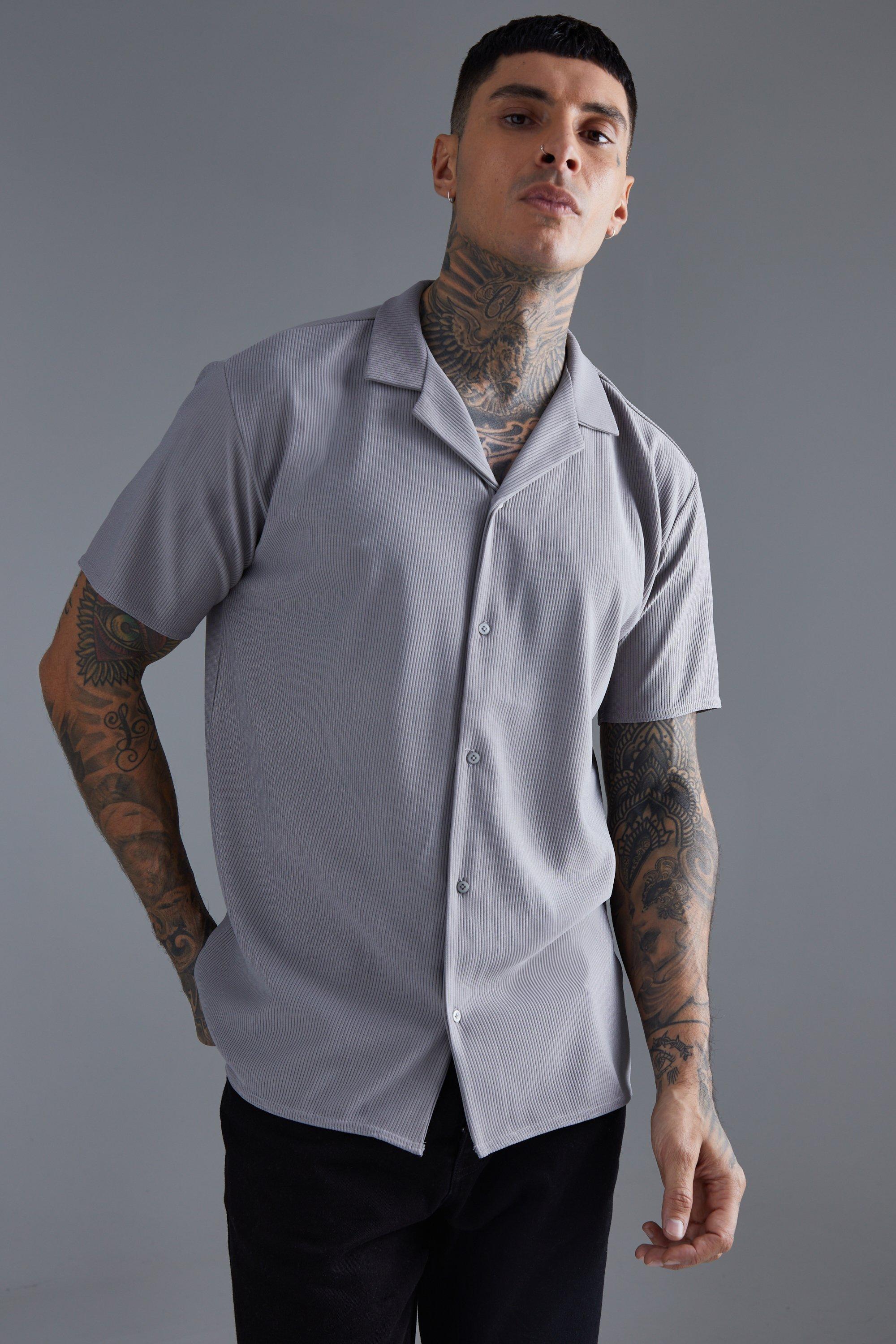 BoohooMAN Short Sleeve Ribbed Revere Oversized Shirt in Gray for Men