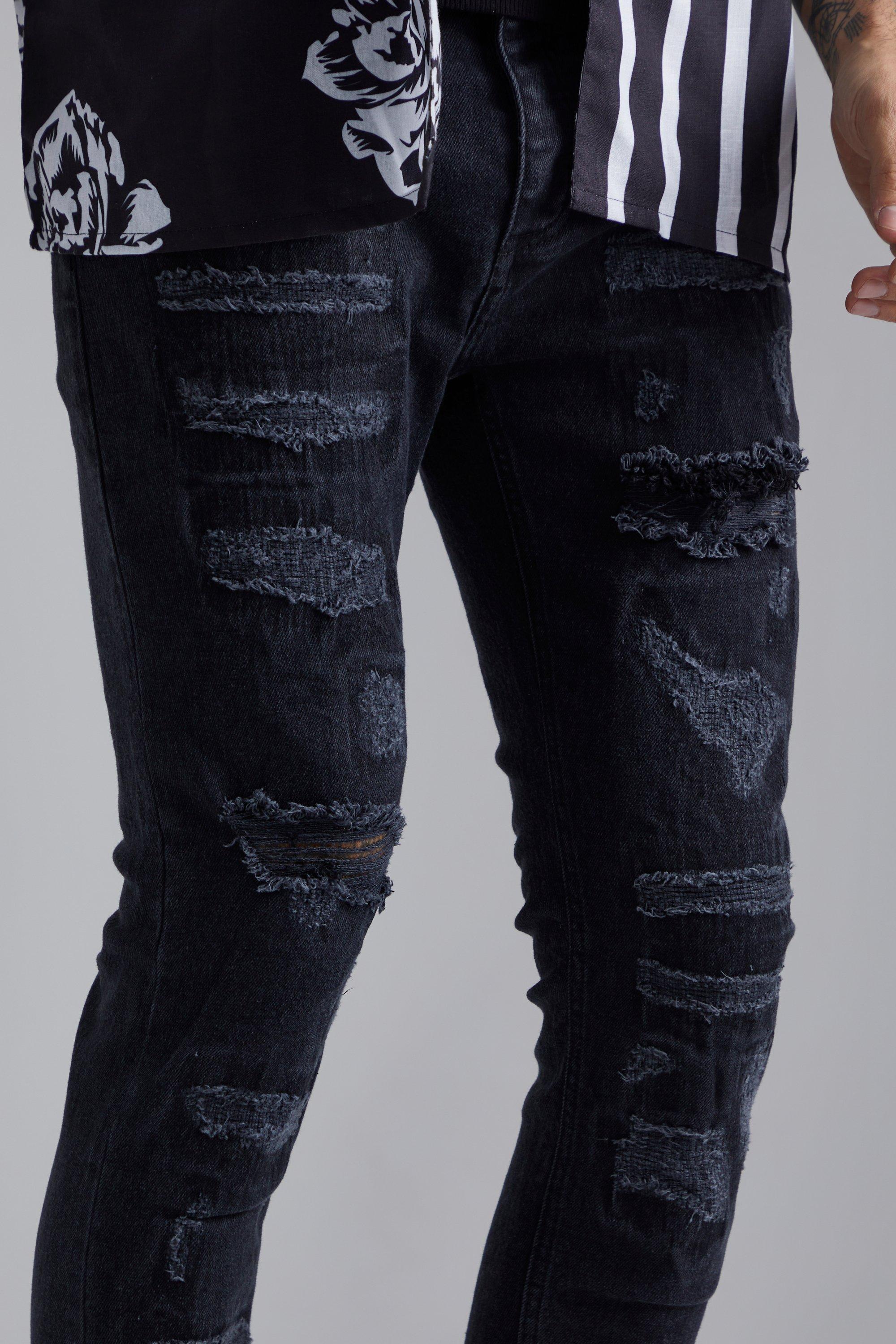 BoohooMAN Skinny Stretch Rip & Repair Jeans in Black for Men | Lyst