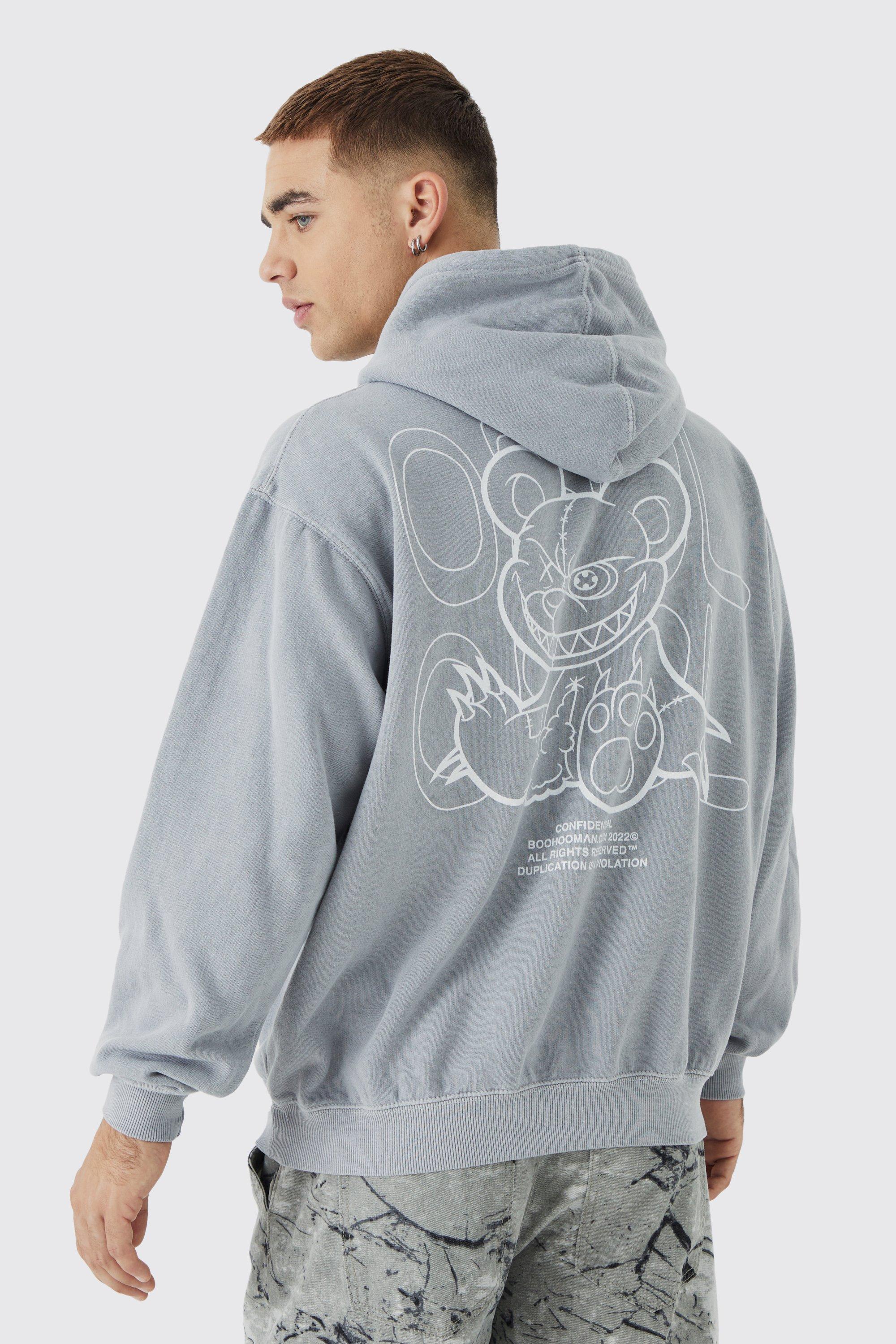 BoohooMAN Oversized Overdye Teddy Graphic Hoodie in Gray for Men