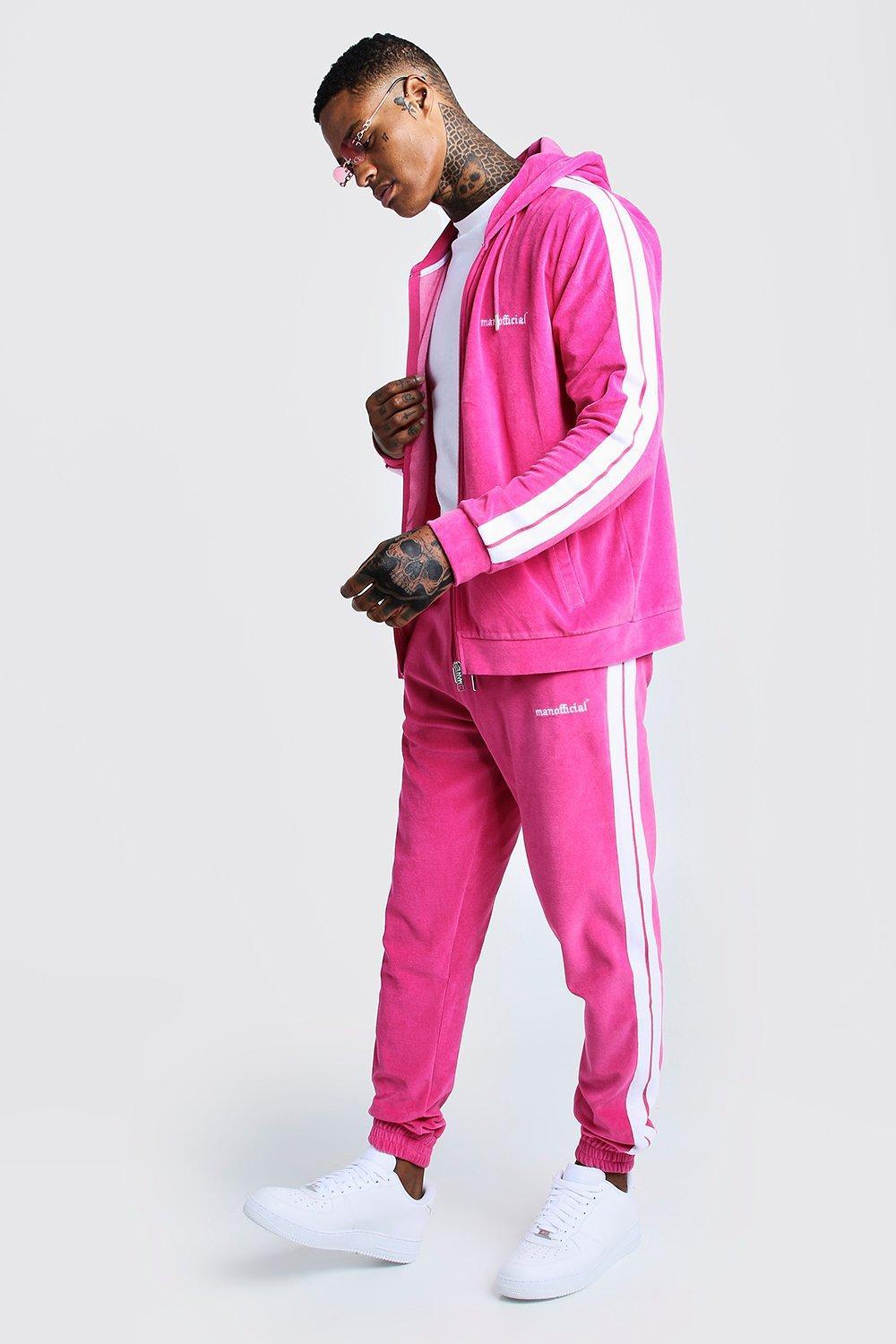 BoohooMAN Man Official Velour Tracksuit With Side Tape in Pink for Men |  Lyst