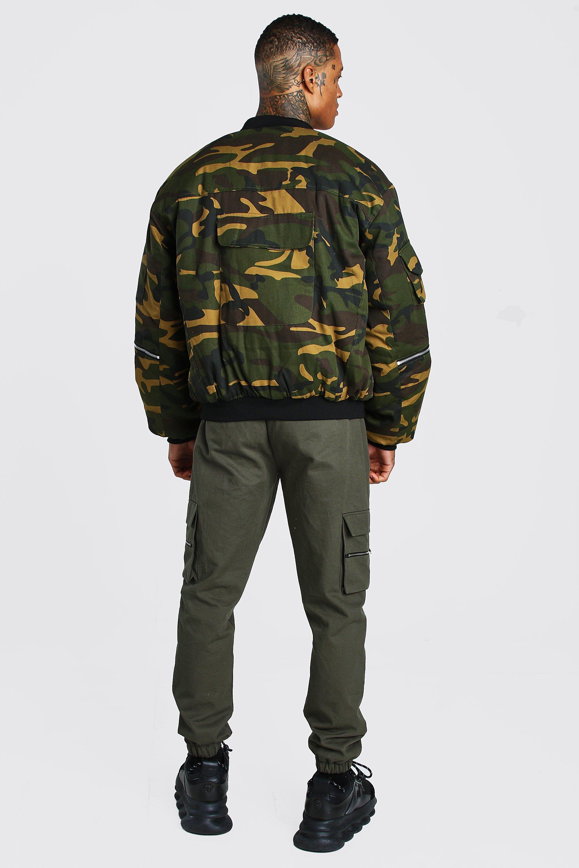 BoohooMAN Denim Oversized Camo Utility Bomber Jacket in Green for Men - Lyst