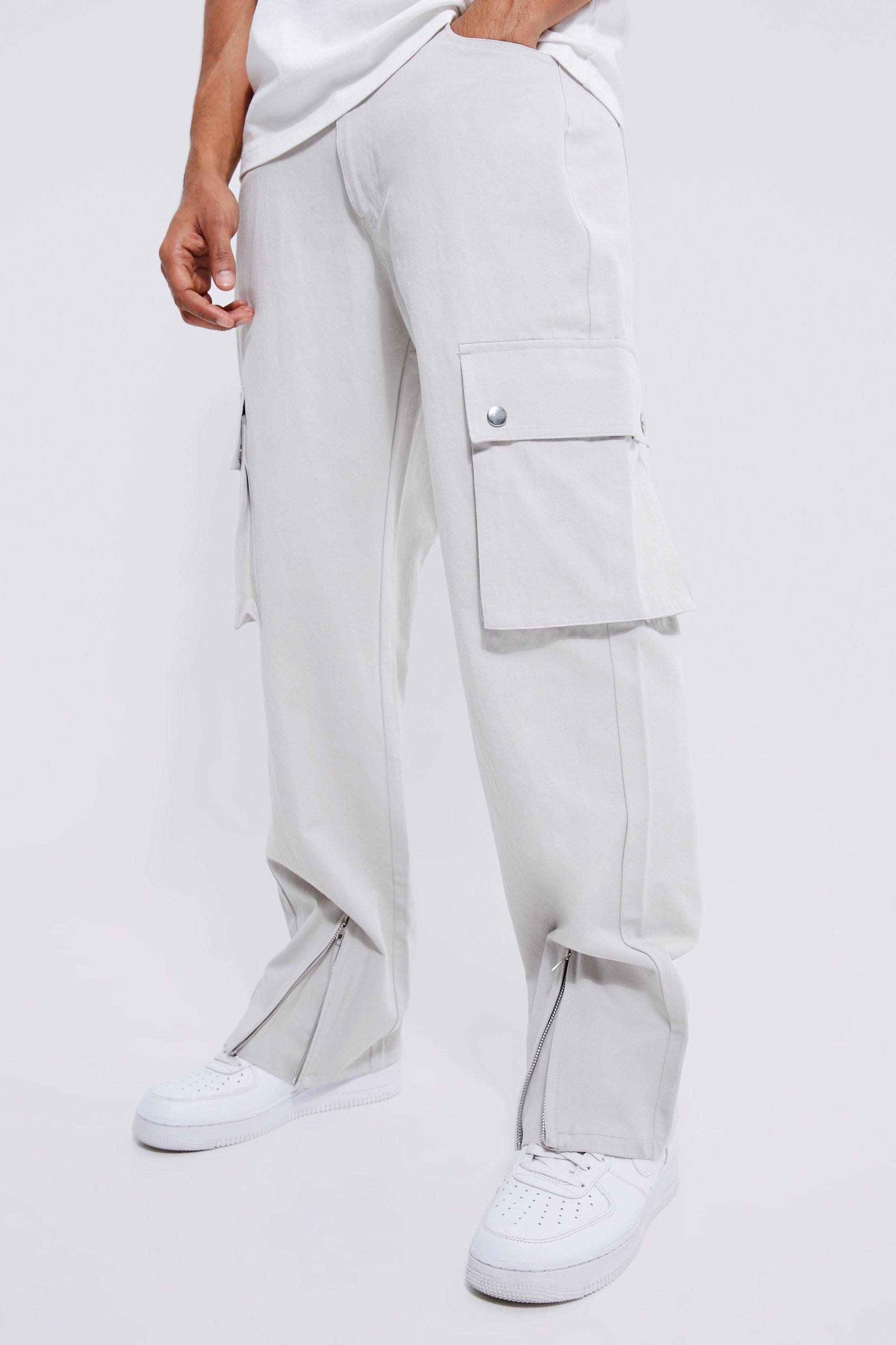 BoohooMAN Fixed Waist Relaxed Cargo With Zip Hem Gusset in White for Men |  Lyst