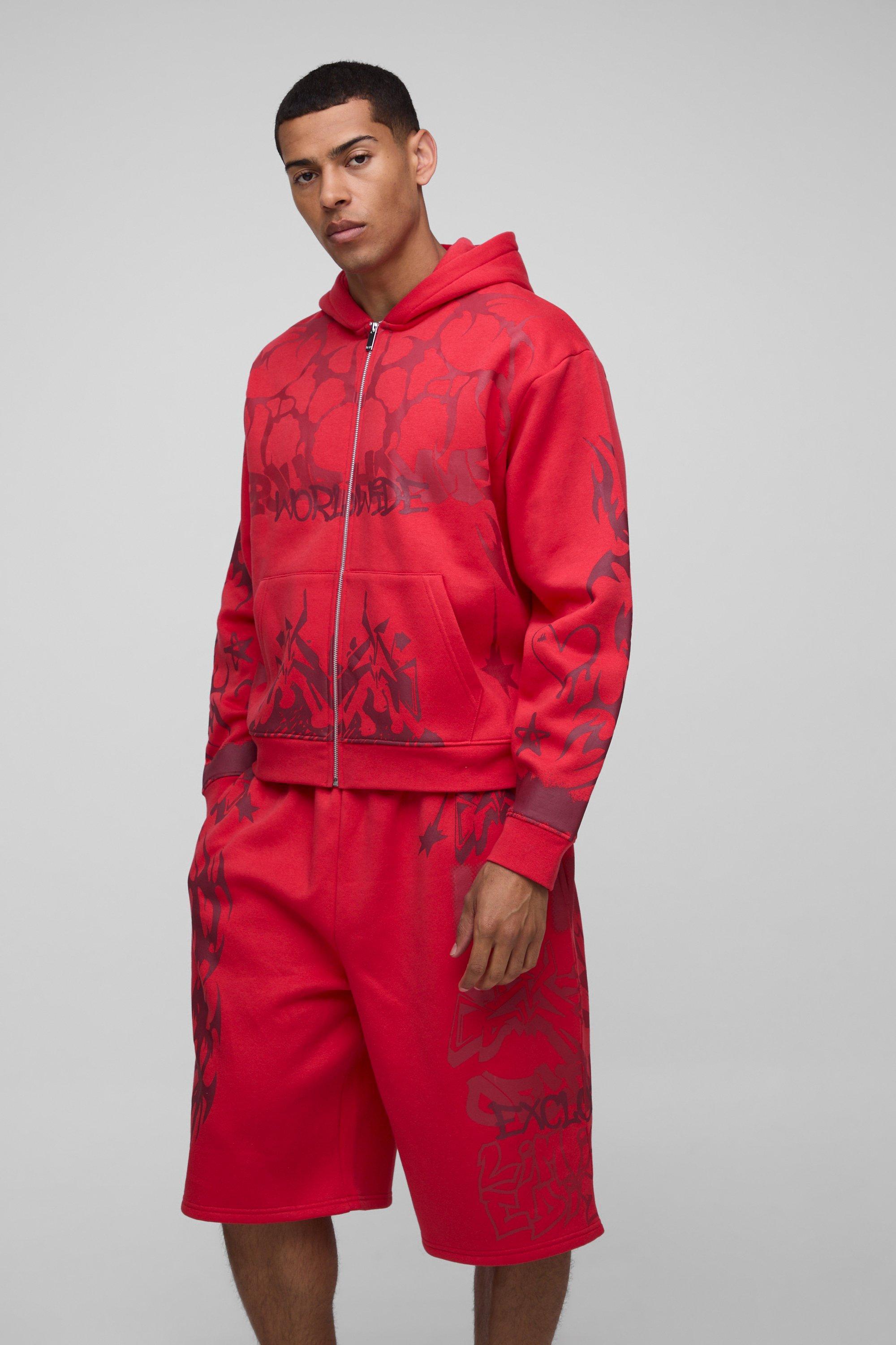 Man Signature Boohooman All Over Print Tracksuit Red Oversized