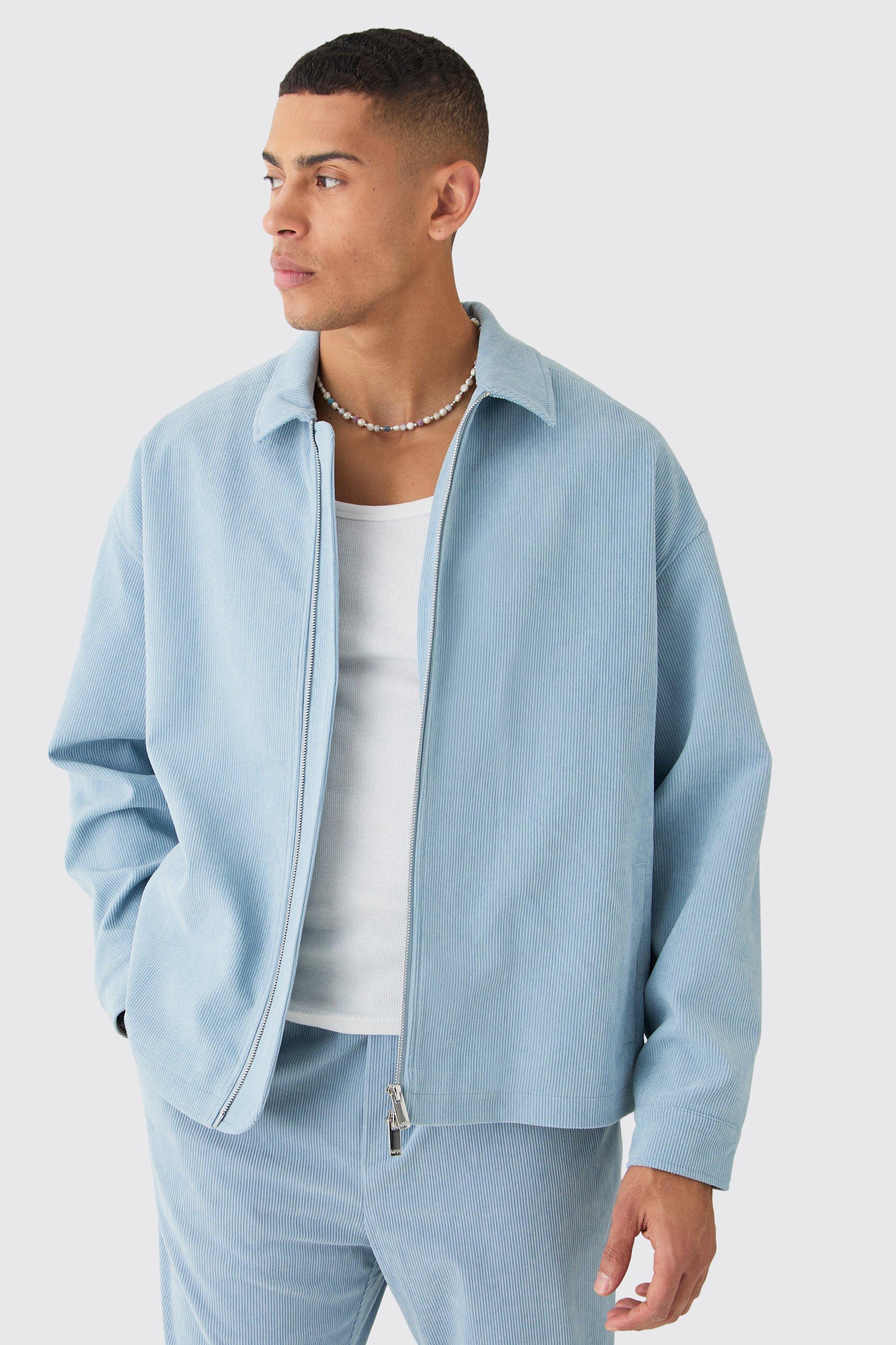 BoohooMAN Corduroy Boxy Fit Zip Up Harrington Jacket in Blue for Men Lyst UK