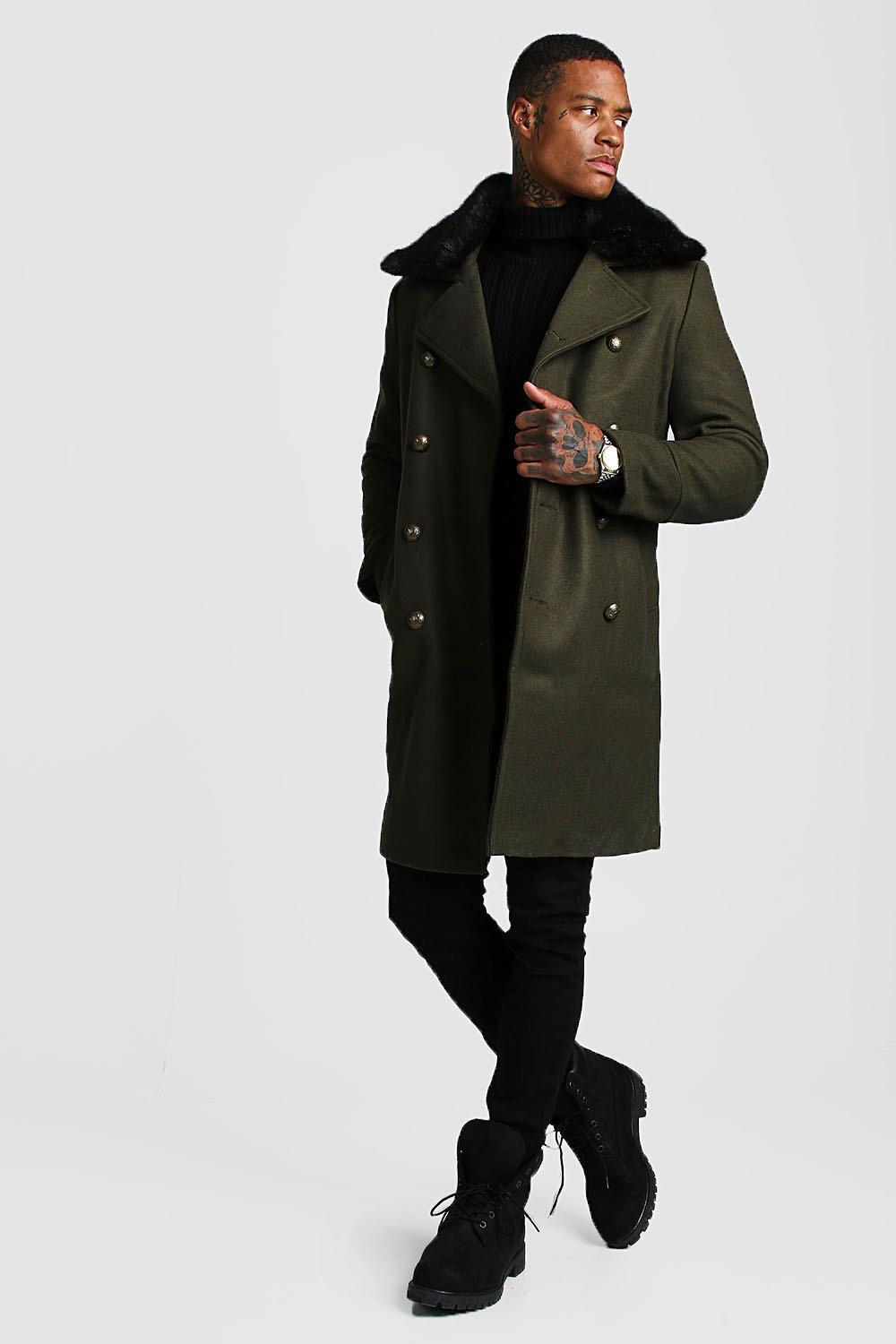 BoohooMAN Faux Fur Collar Military Style Overcoat for Men - Lyst