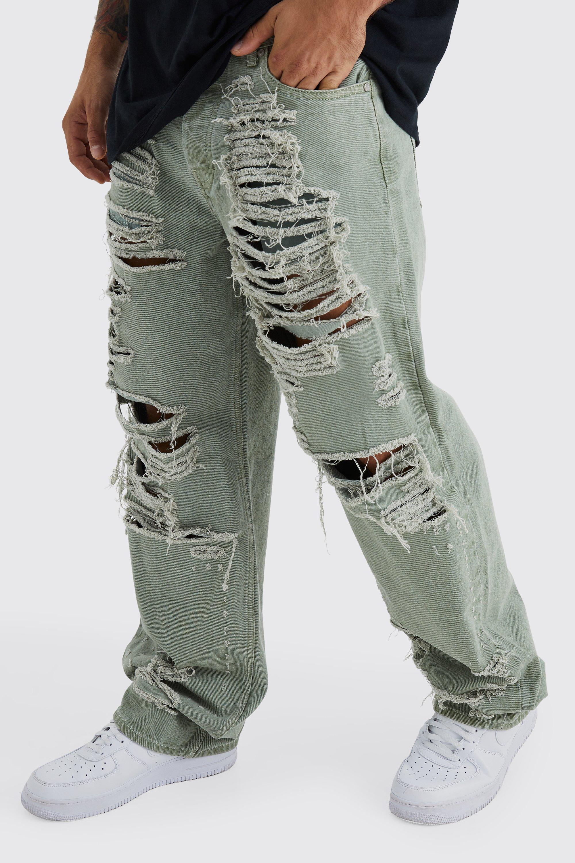 BoohooMAN Baggy Rigid All Over Ripped Jeans in Green for Men | Lyst UK