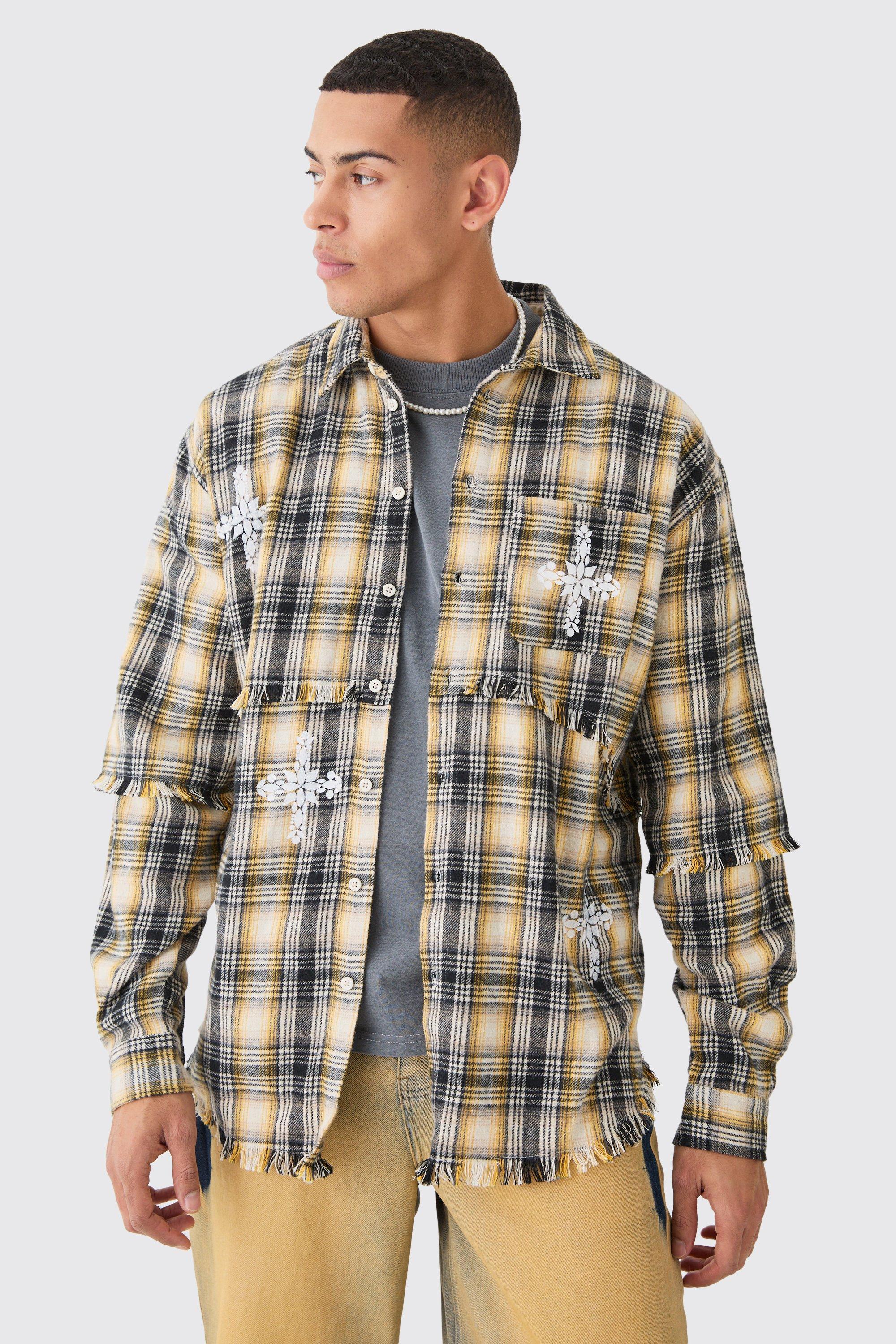 BoohooMAN Oversized Layered Print Flannel Shirt in Yellow for Men