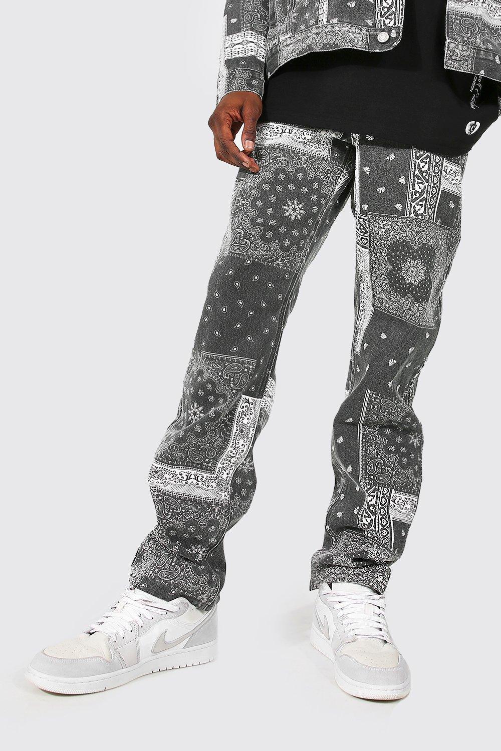 BoohooMAN Denim Relaxed Fit Washed Bandana Print Jeans in Mid Grey 