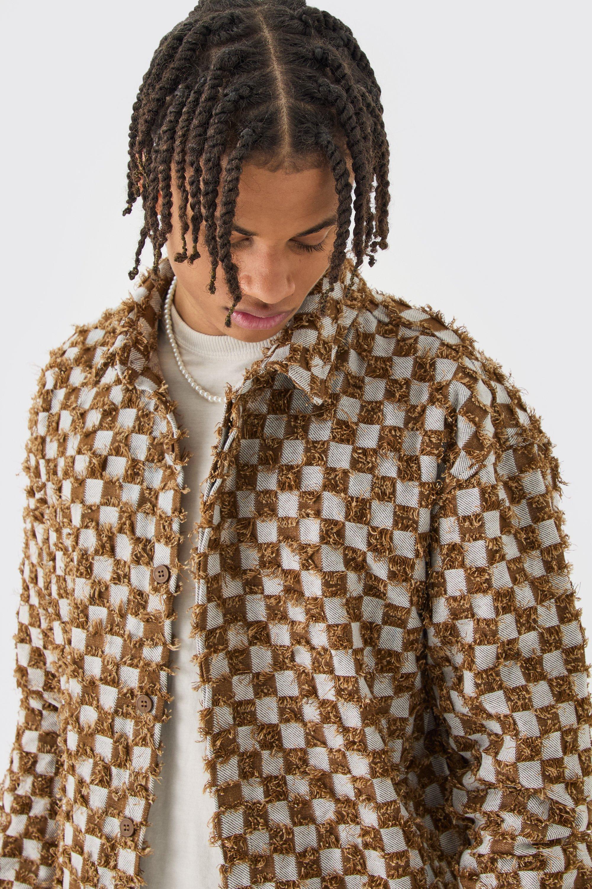 BoohooMAN Boxy Checkerboard Distressed Checked Overshirt in Brown for Men Lyst UK