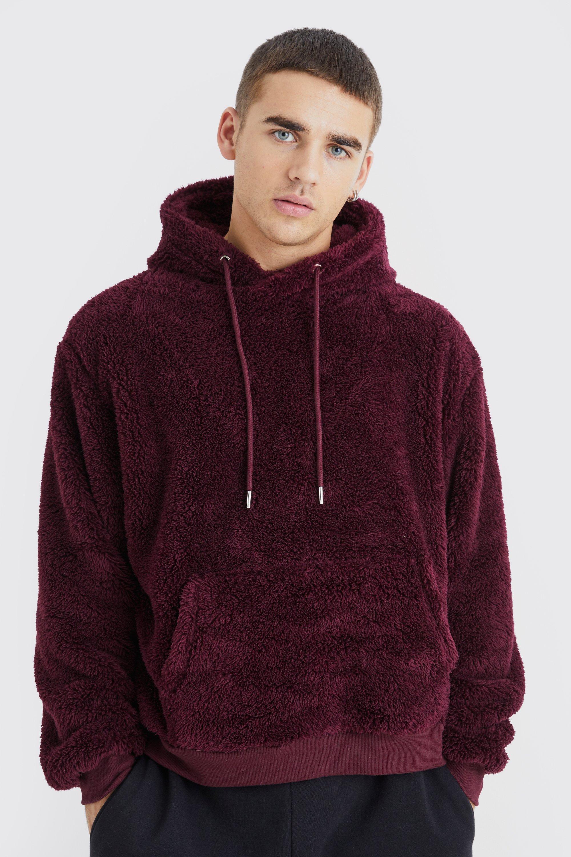 BoohooMAN Oversized Boxy Borg Over The Head Hoodie in Red for Men