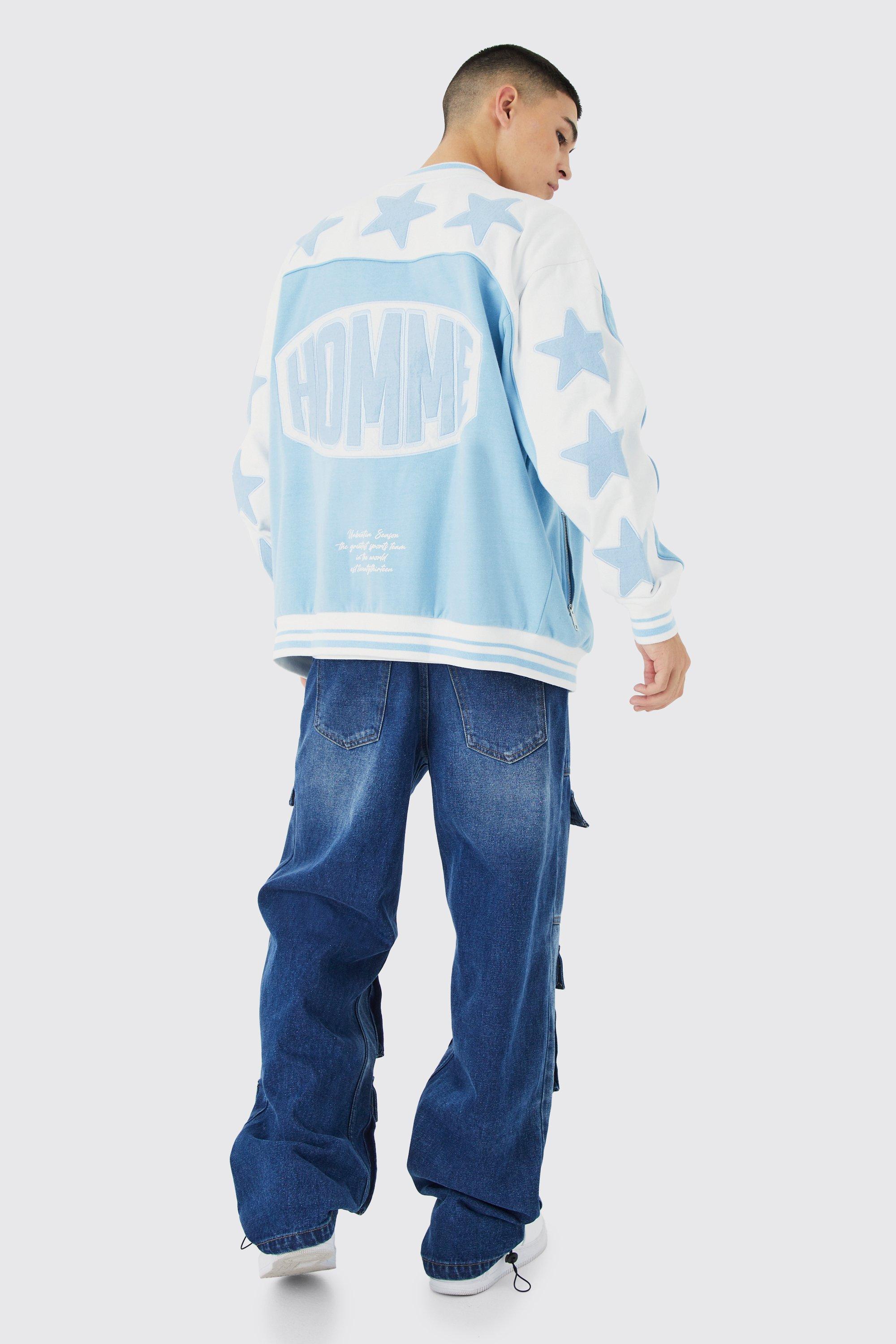 BoohooMAN Oversized Jersey Varsity Bomber Jacket in Blue for Men