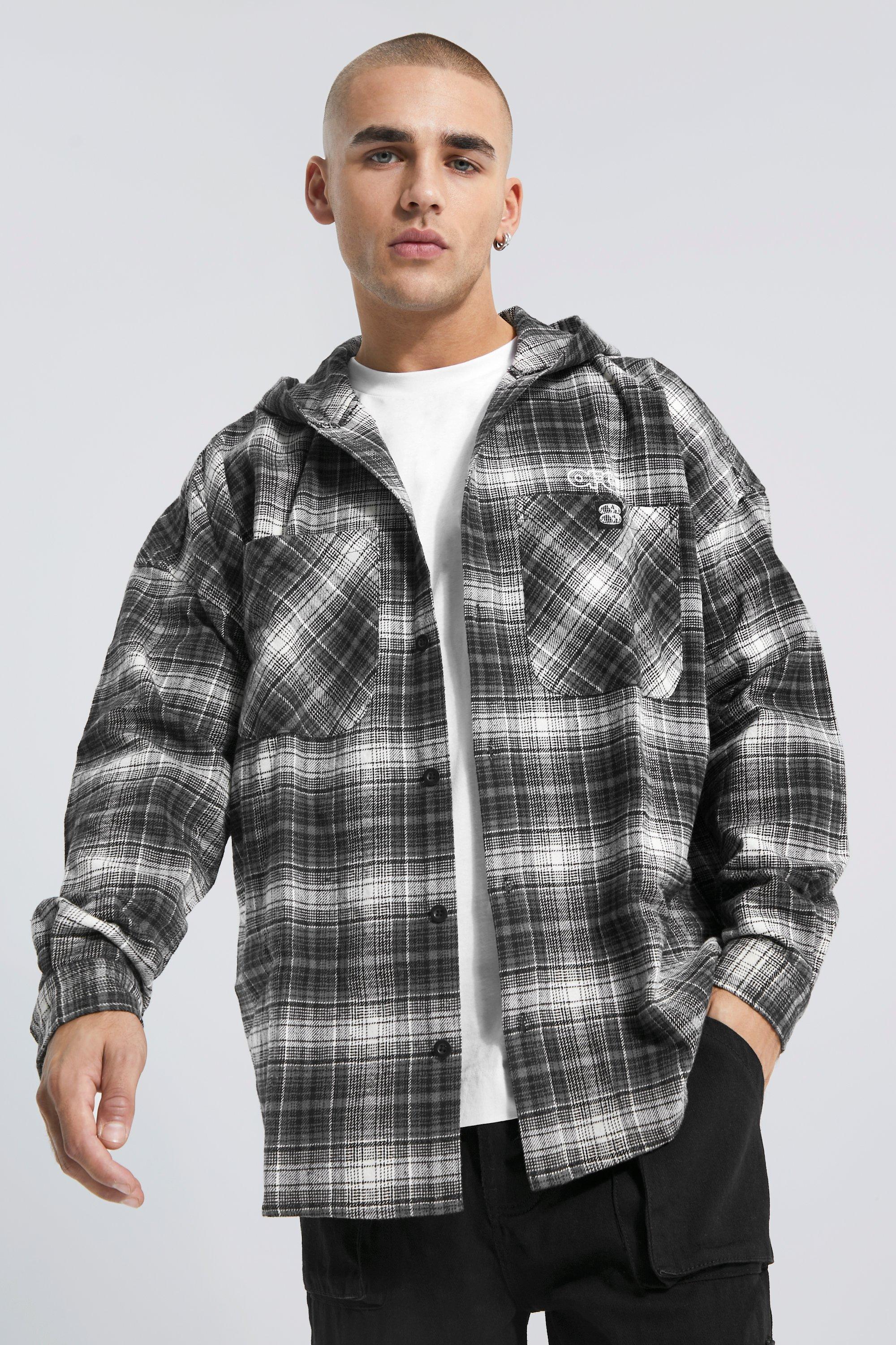 BoohooMAN Skate Ofcl Oversized Hooded Flannel Overshirt in Black (Gray ...
