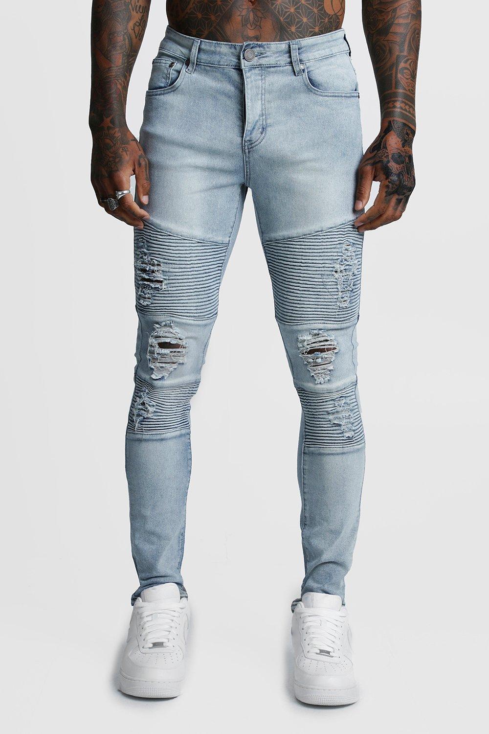 BoohooMAN Super Skinny Ice Wash Biker Jeans in Blue for Men | Lyst