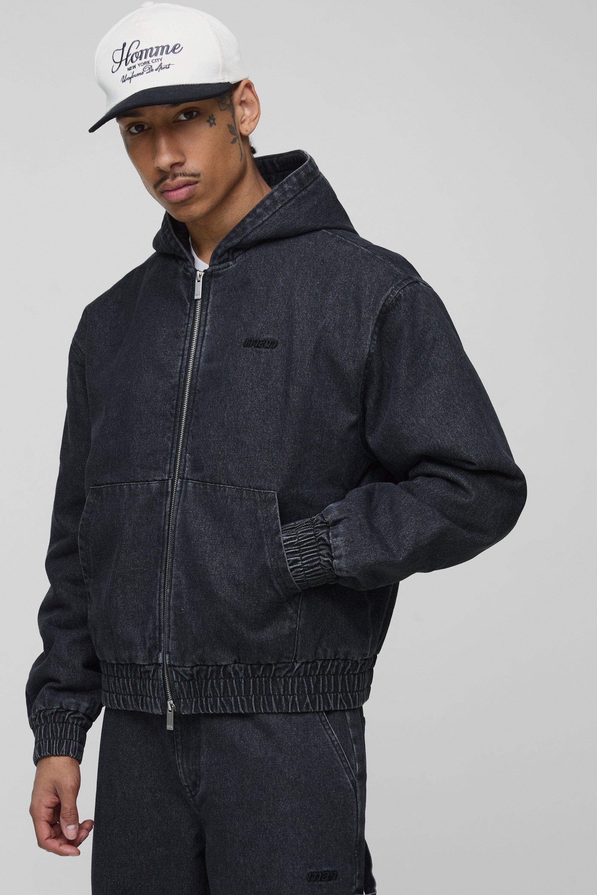 Boohoo Boxy Fit Padded Washed Twill Hooded Bomber Jacket in Blue 