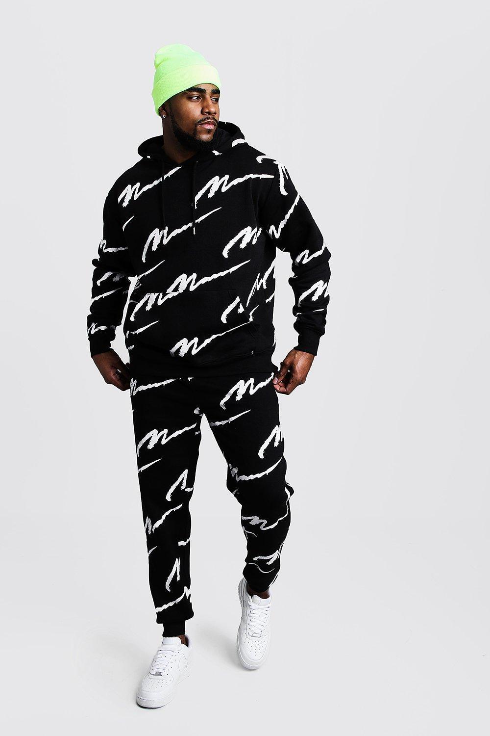 BoohooMAN Cotton All Over Man Printed Hooded Tracksuit in Black for Men ...