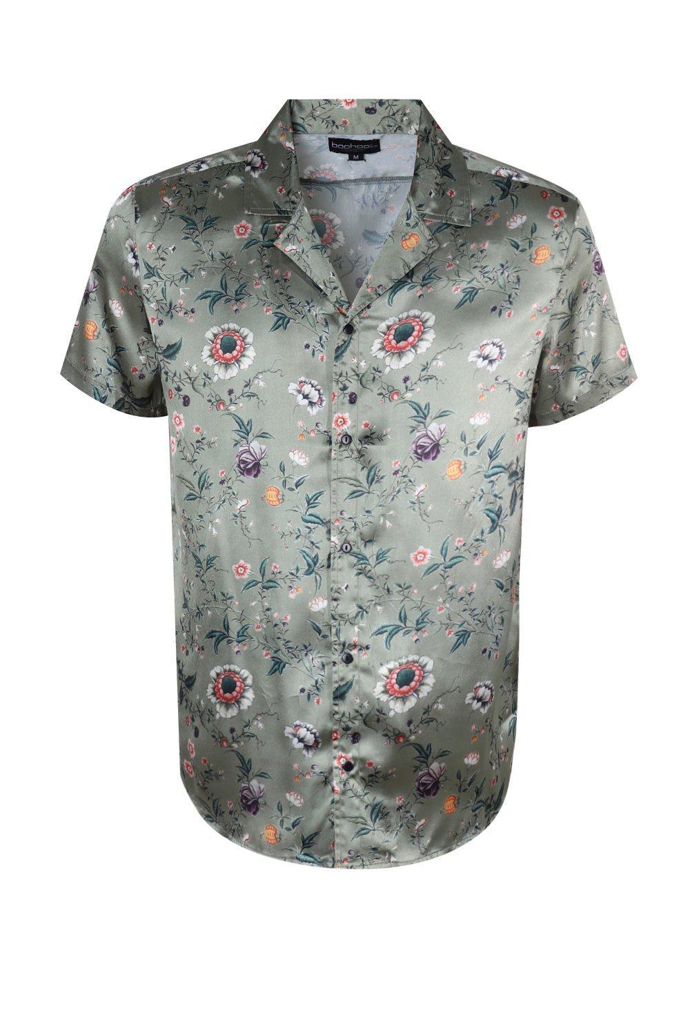 Boohoo Khaki Floral Satin Revere Short 