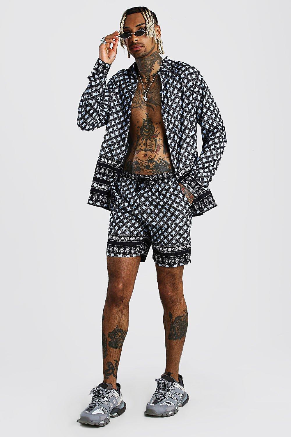 BoohooMAN Long Sleeve Shirt & Short Set With Border Print in Black for Men  | Lyst