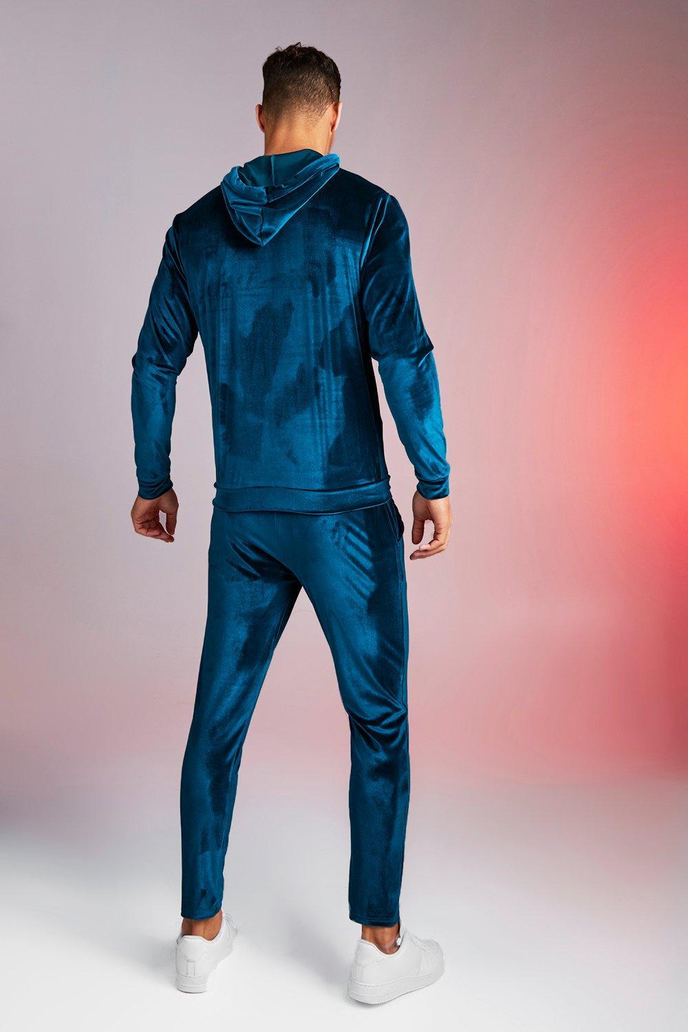 BoohooMAN Man Signature Shiny Velour Hooded Tracksuit in Blue for Men ...