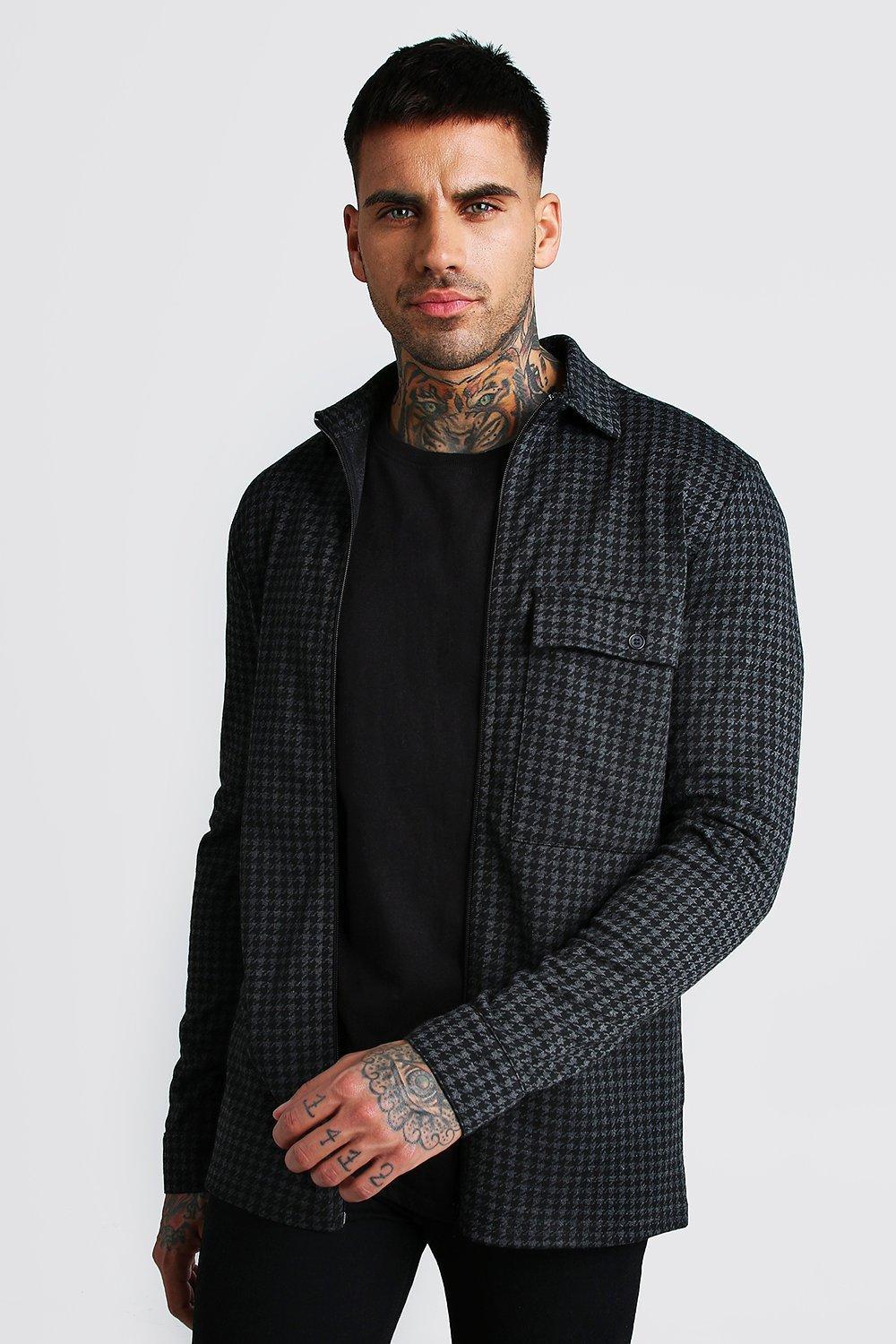 dogtooth jacquard zip through overshirt
