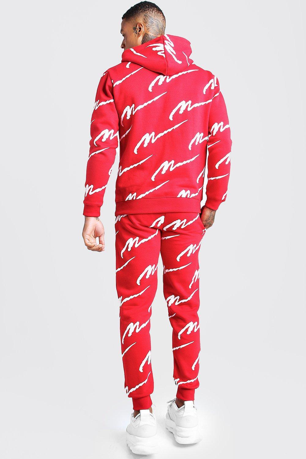All over man printed hooded tracksuit red Clearance