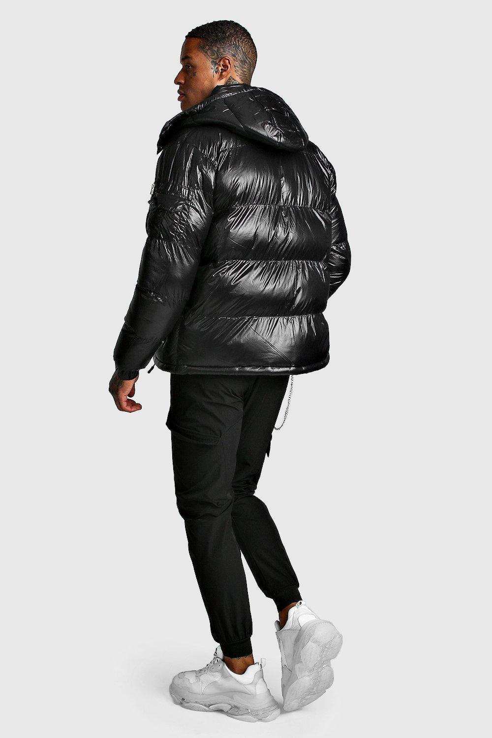 BoohooMAN High Shine Hooded Puffer Jacket in Black for Men | Lyst