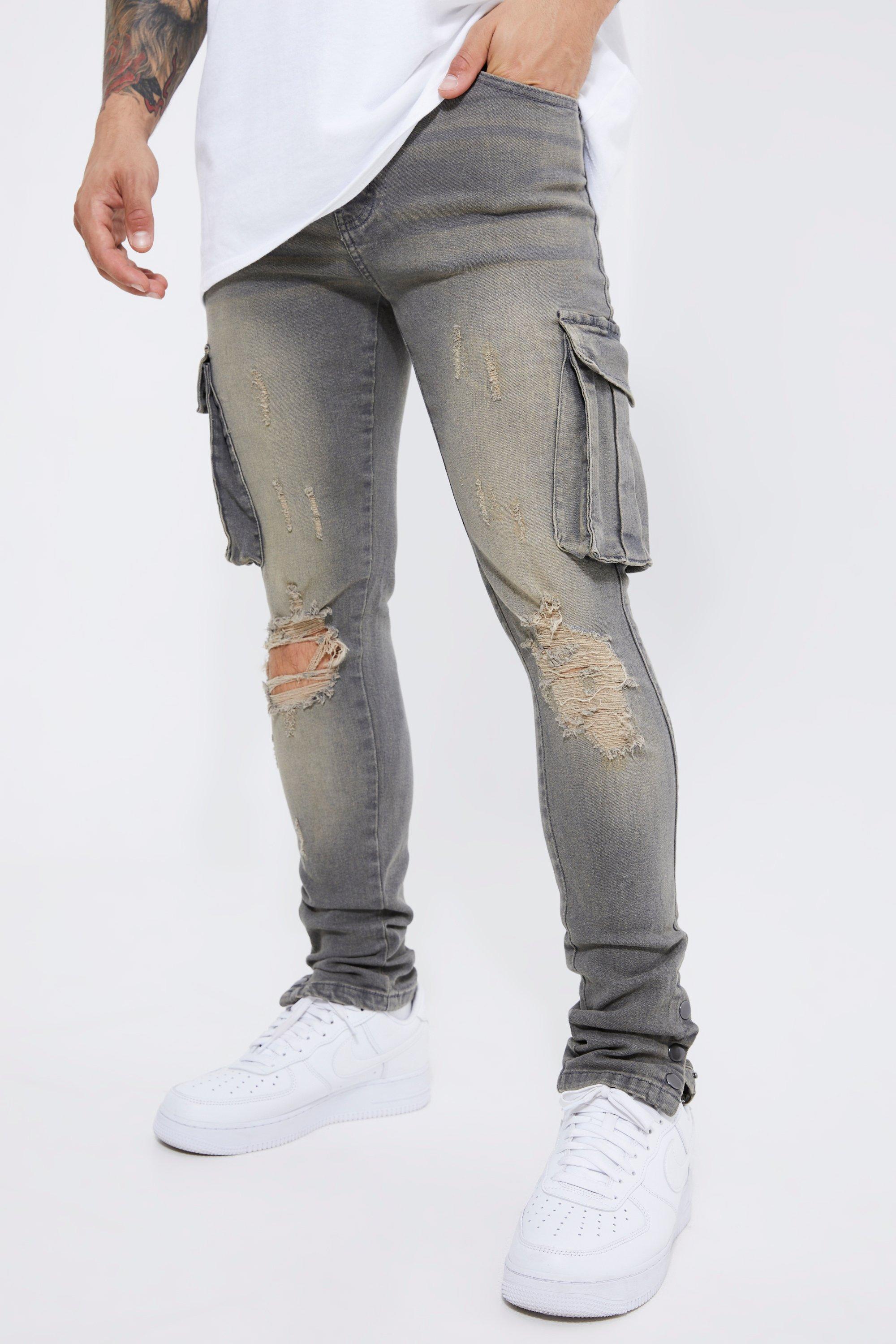 BoohooMAN Skinny Stretch Popper Hem Cargo Jeans in Gray for Men | Lyst