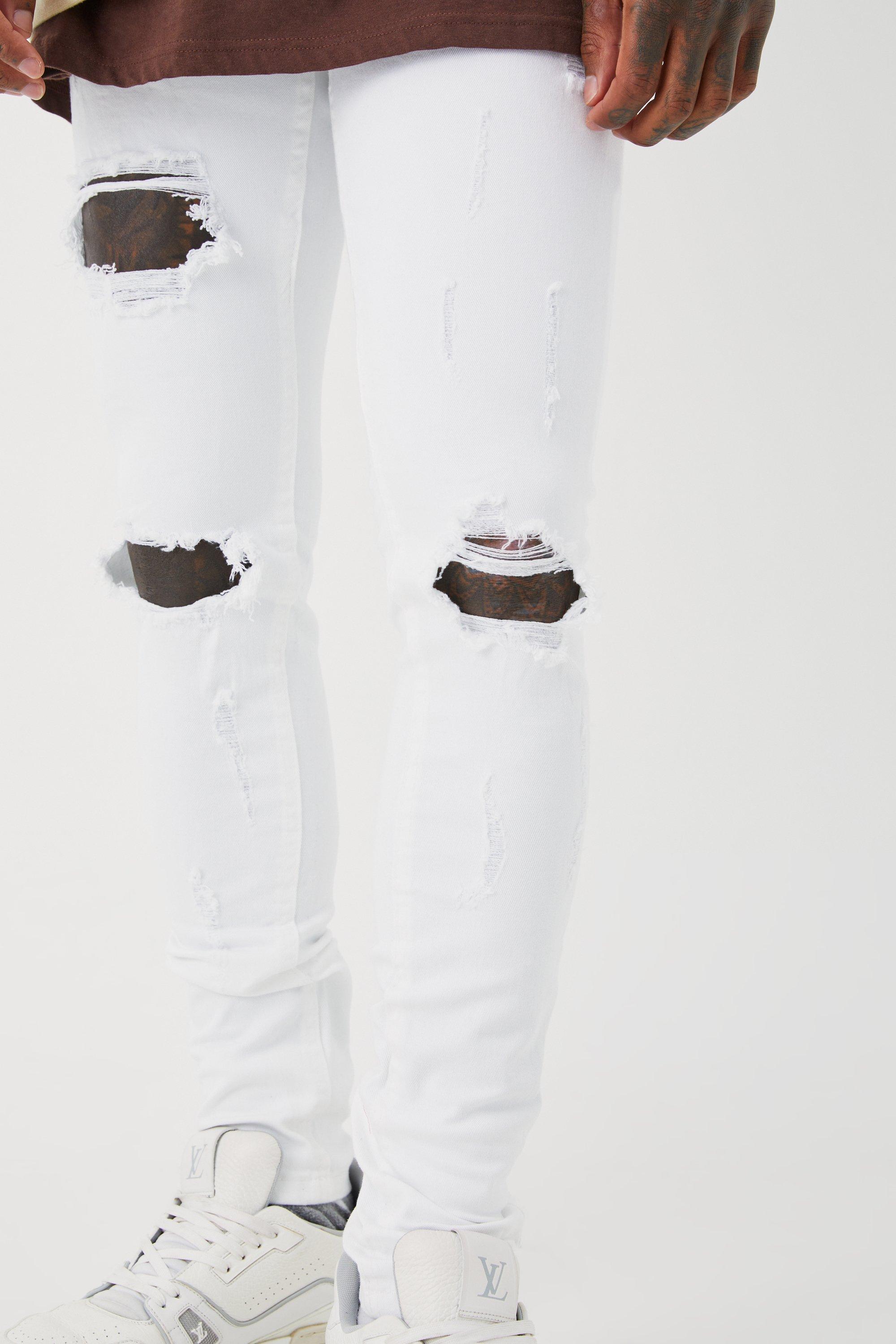 BoohooMAN Super Skinny Stretch Multi Rip Stacked Jeans in White for Men |  Lyst UK
