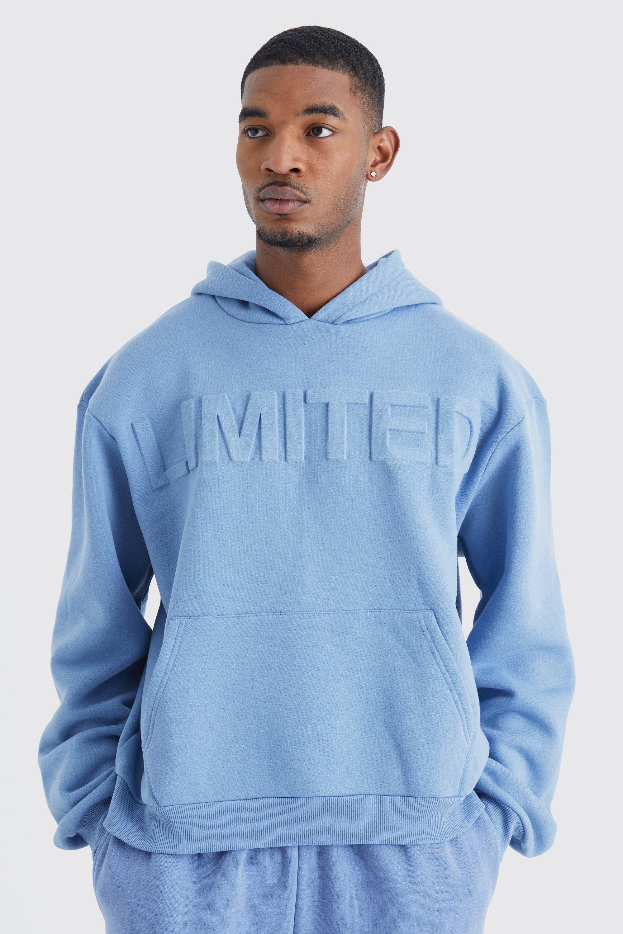 BoohooMAN Tall Oversized Boxy Limited Embossed Hoodie in Blue for