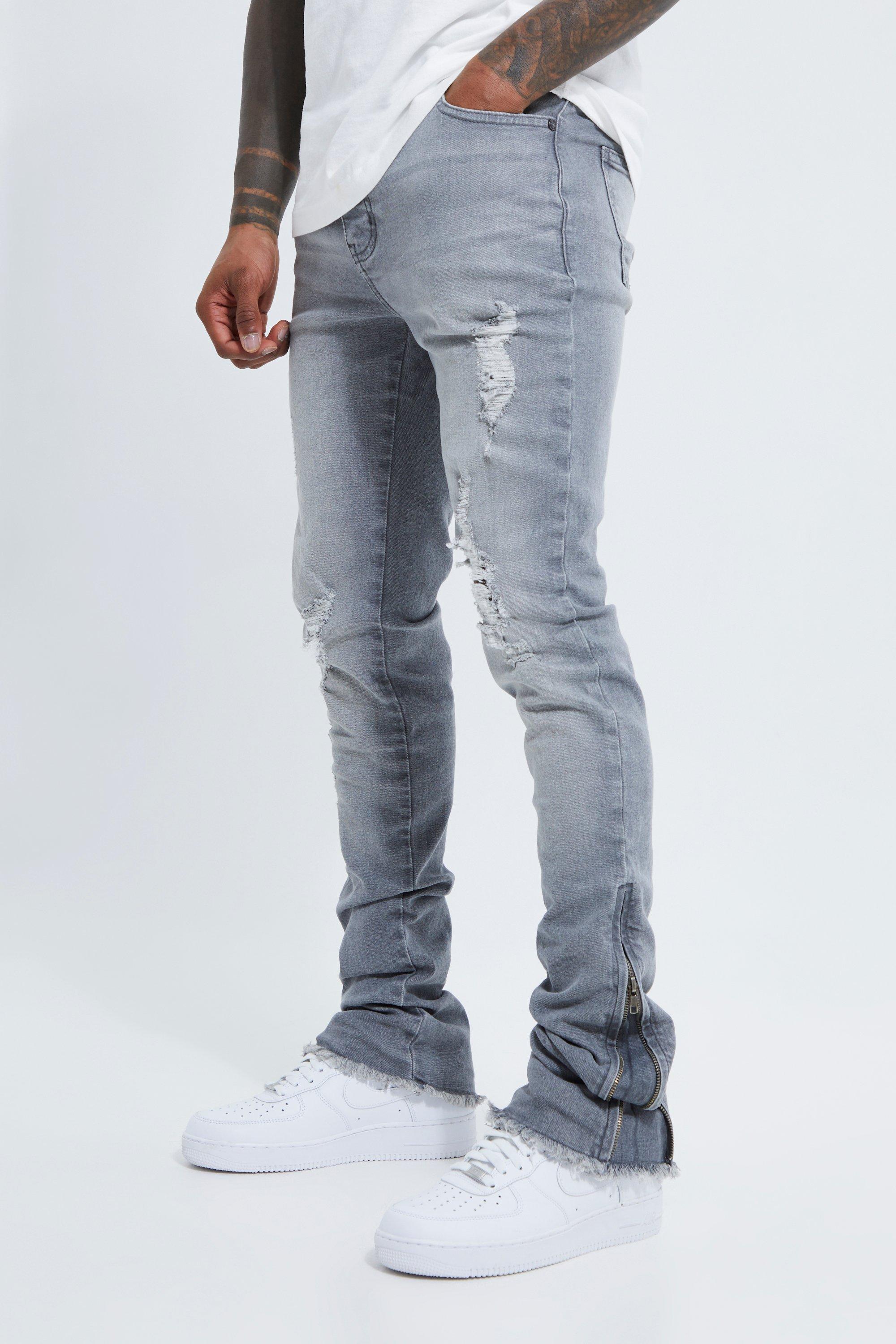BoohooMAN Skinny Stretch Stacked Zip Gusset Rip Jeans in Blue for Men