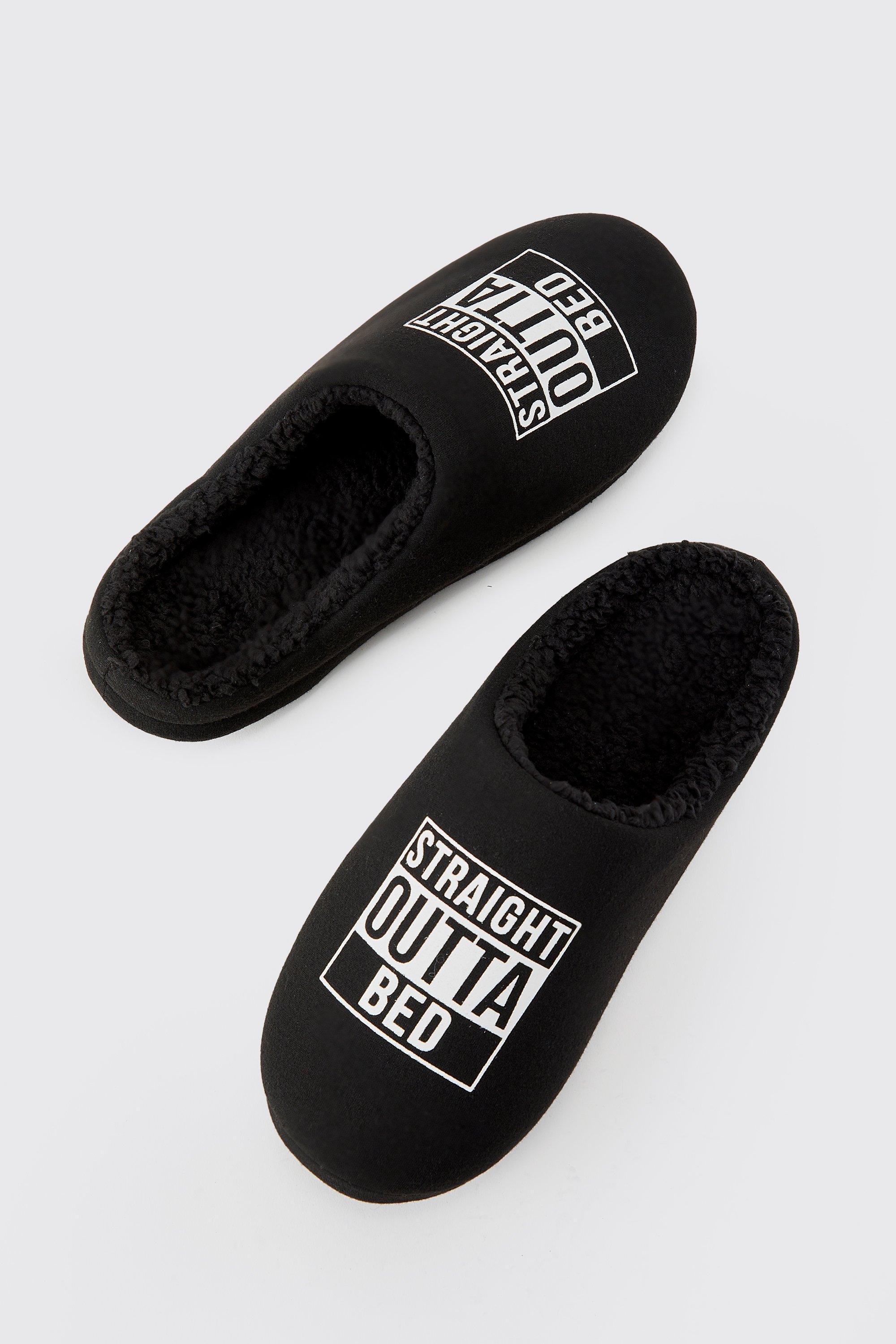 BoohooMAN Straight Outta Bed Print Slippers in Black for Men Lyst UK