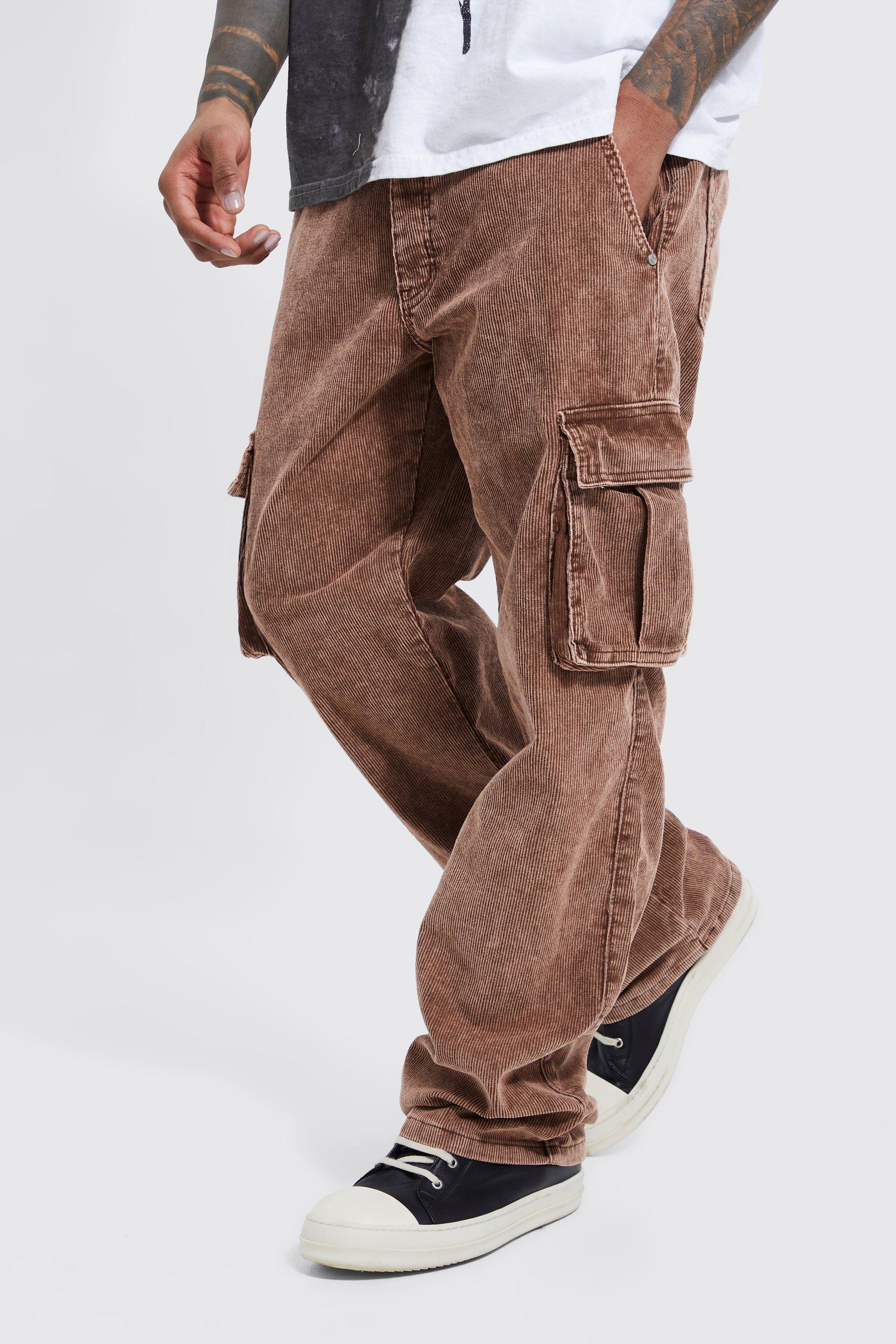 BoohooMAN Acid Wash Cord Relaxed Fit Cargo Trousers in Brown for Men | Lyst  UK